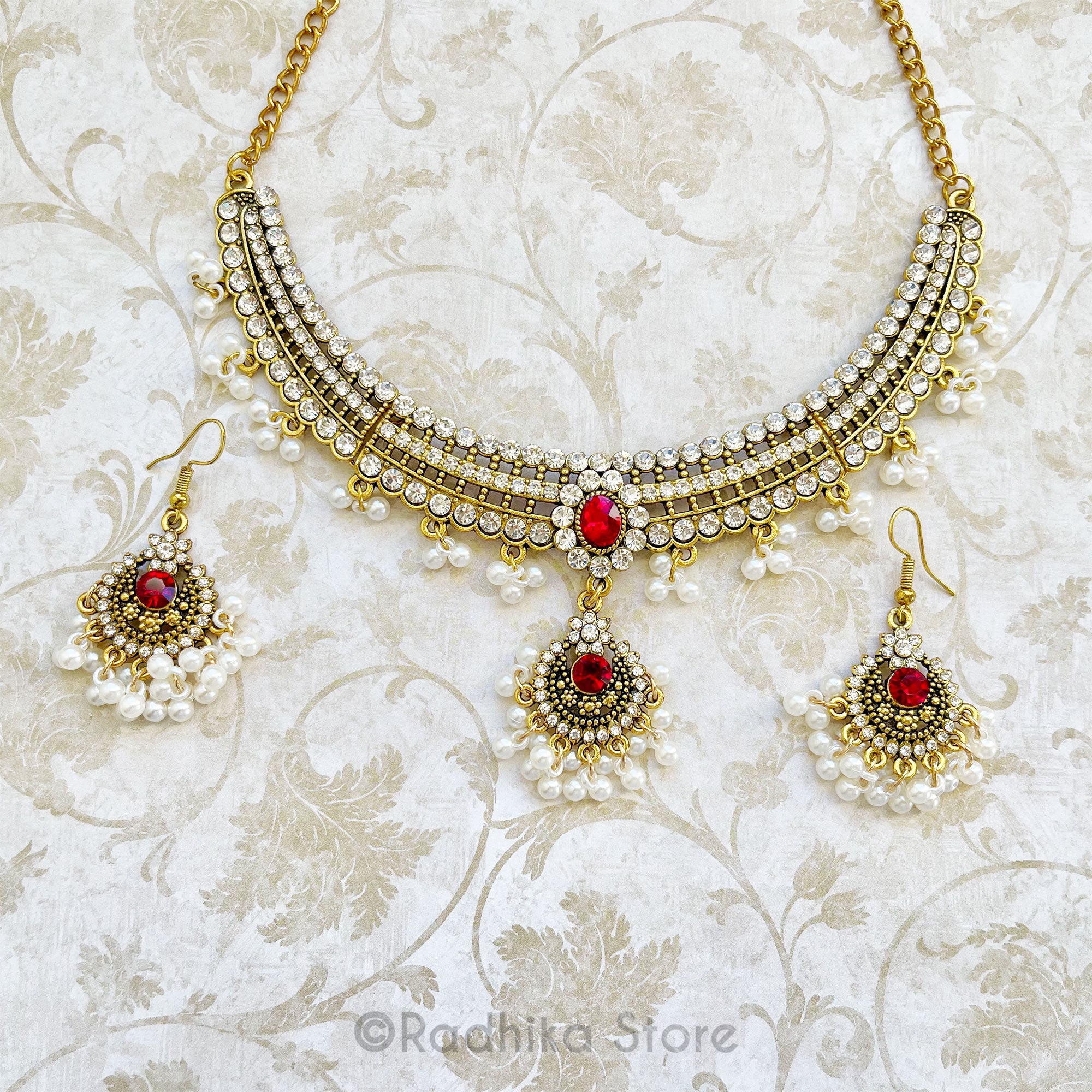 Pearl Jhumka With Ruby- Deity Necklace And Earring Set