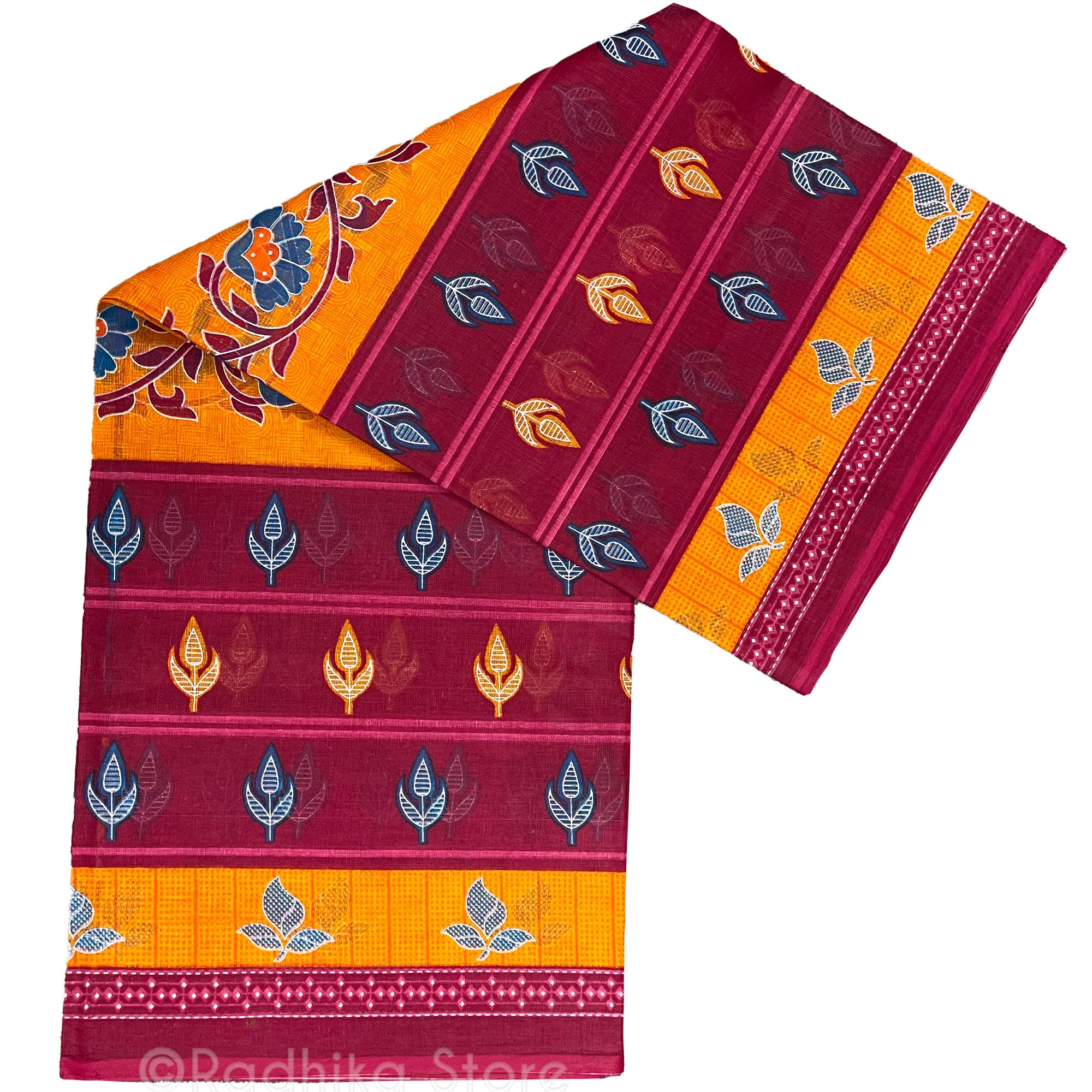 Kartik Flowers - Cotton Saree - Cranberry and Tangerine and Blue