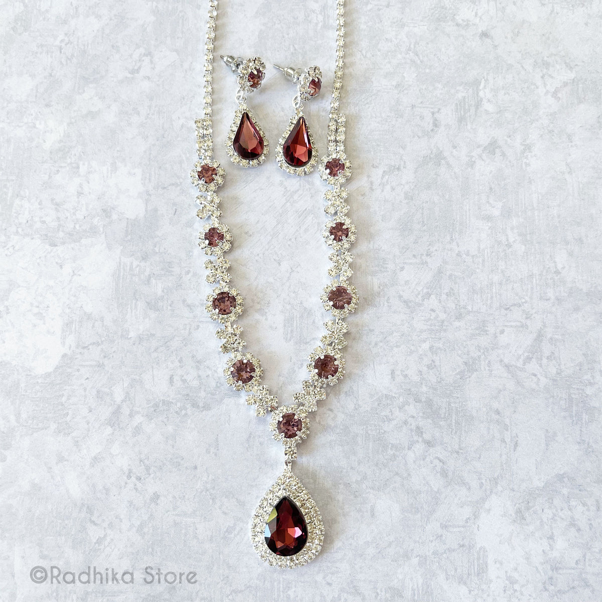 Dew Drop Flowers - Rhinestone Deity Necklace And Earring Set