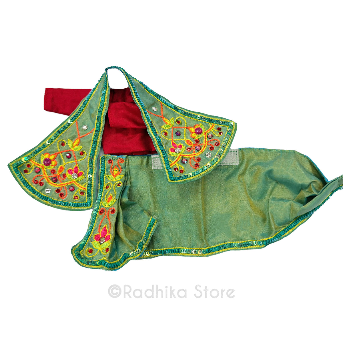 Dazzling Flower Lights - Opalescent Green and Red- Silk - Radha Krishna Deity Outfit