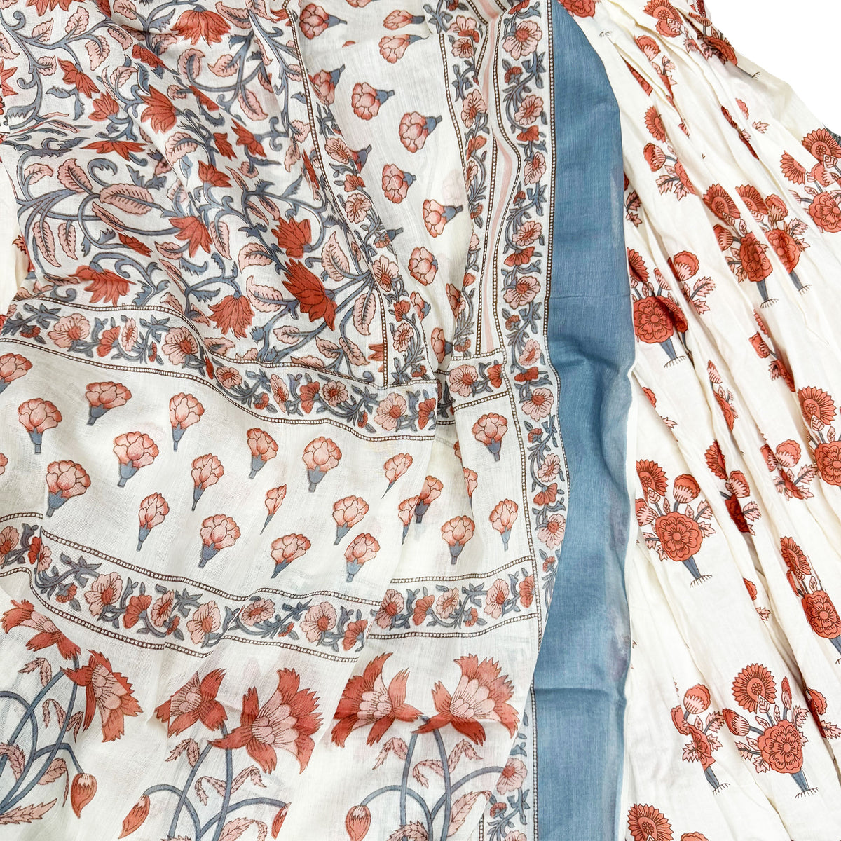 Creamy Krishna Blue Lotus -Cotton - Screen Print-Gopi Skirt-10 Meter- Best Twirling