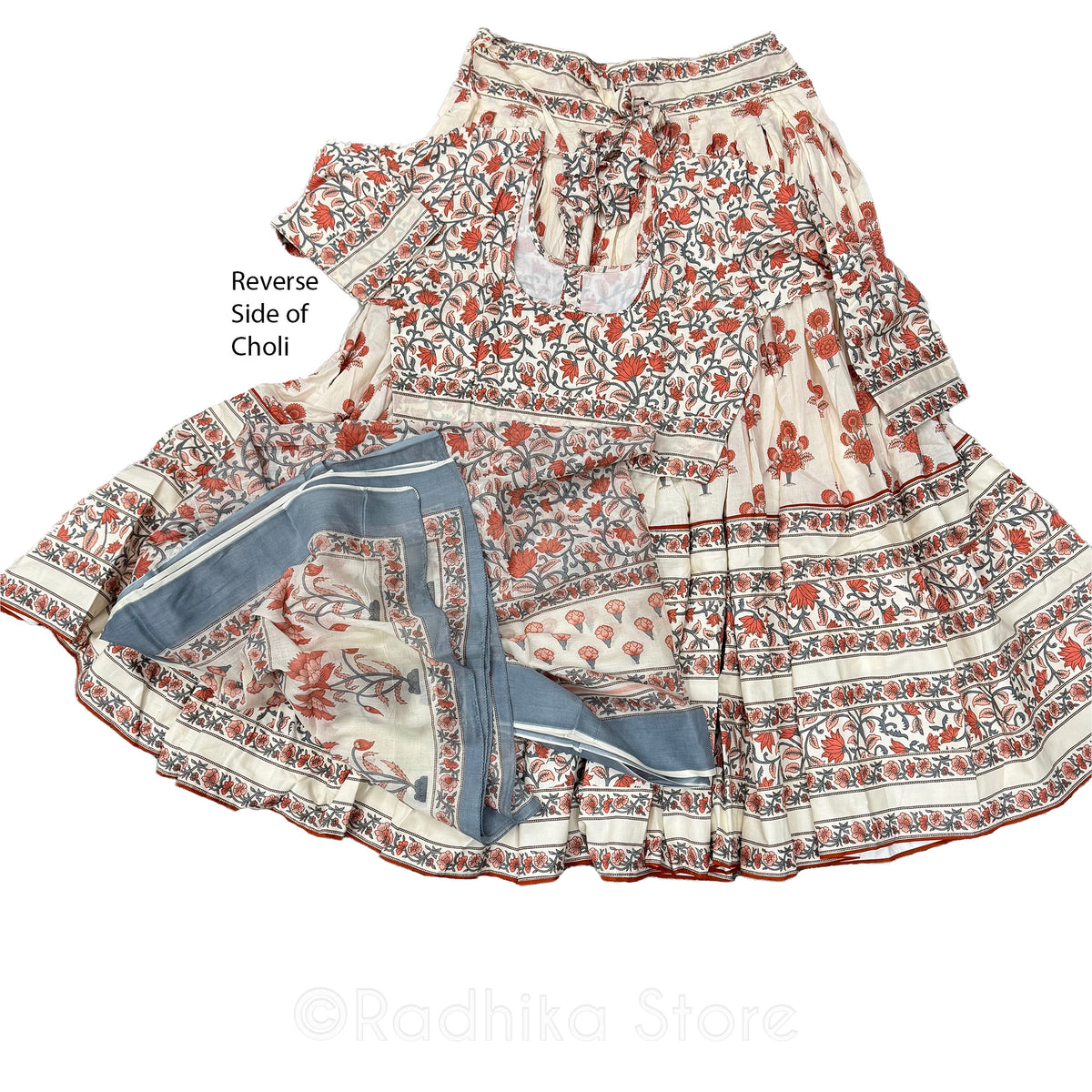 Creamy Krishna Blue Lotus -Cotton - Screen Print-Gopi Skirt-10 Meter- Best Twirling