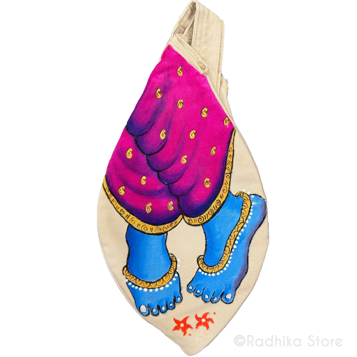 Lord Krishnas Lotus Feet - Hand Painted - Light Beige -Thick Cotton -Bead Bag