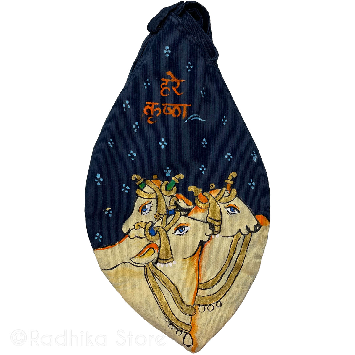 Hare Krishnas Vrindavan Cows- Hand Painted -Dark Blue-Thick Cotton -Bead Bag