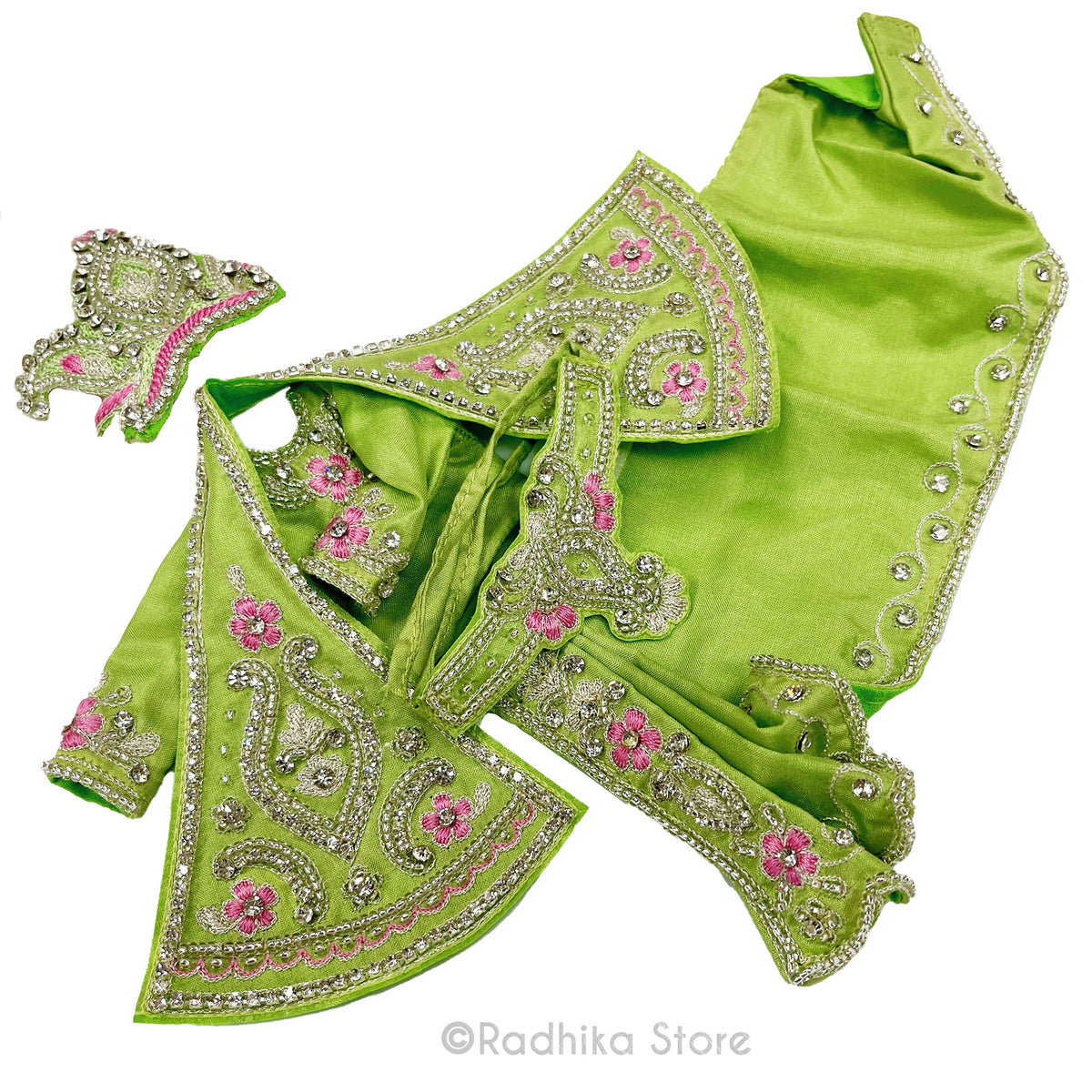 Glistening Vrinda Kund - Green - Silk - Radha Krishna Deity Outfit