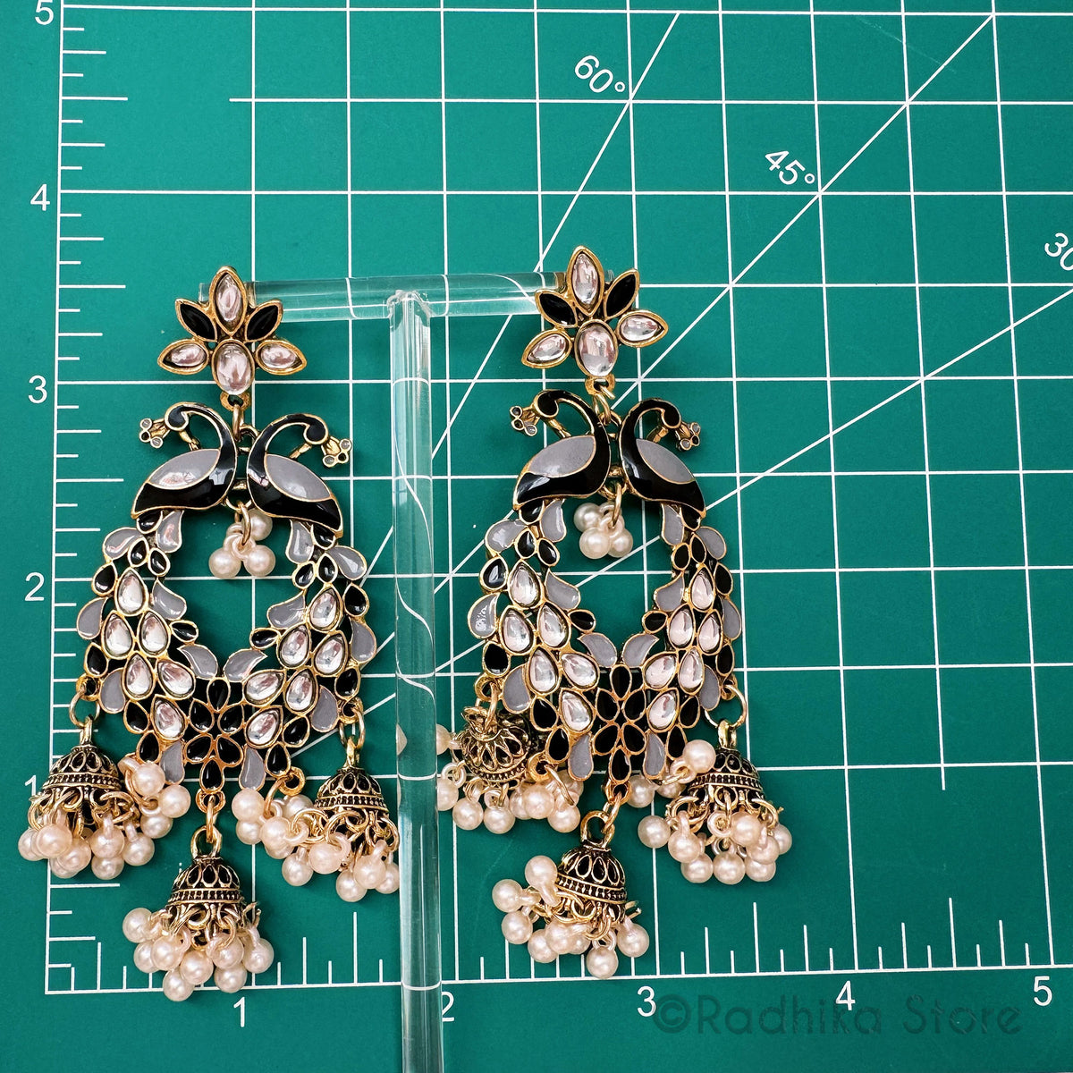 Kundan Dancing Peacock Pearl Bells-  Jhumka Earrings