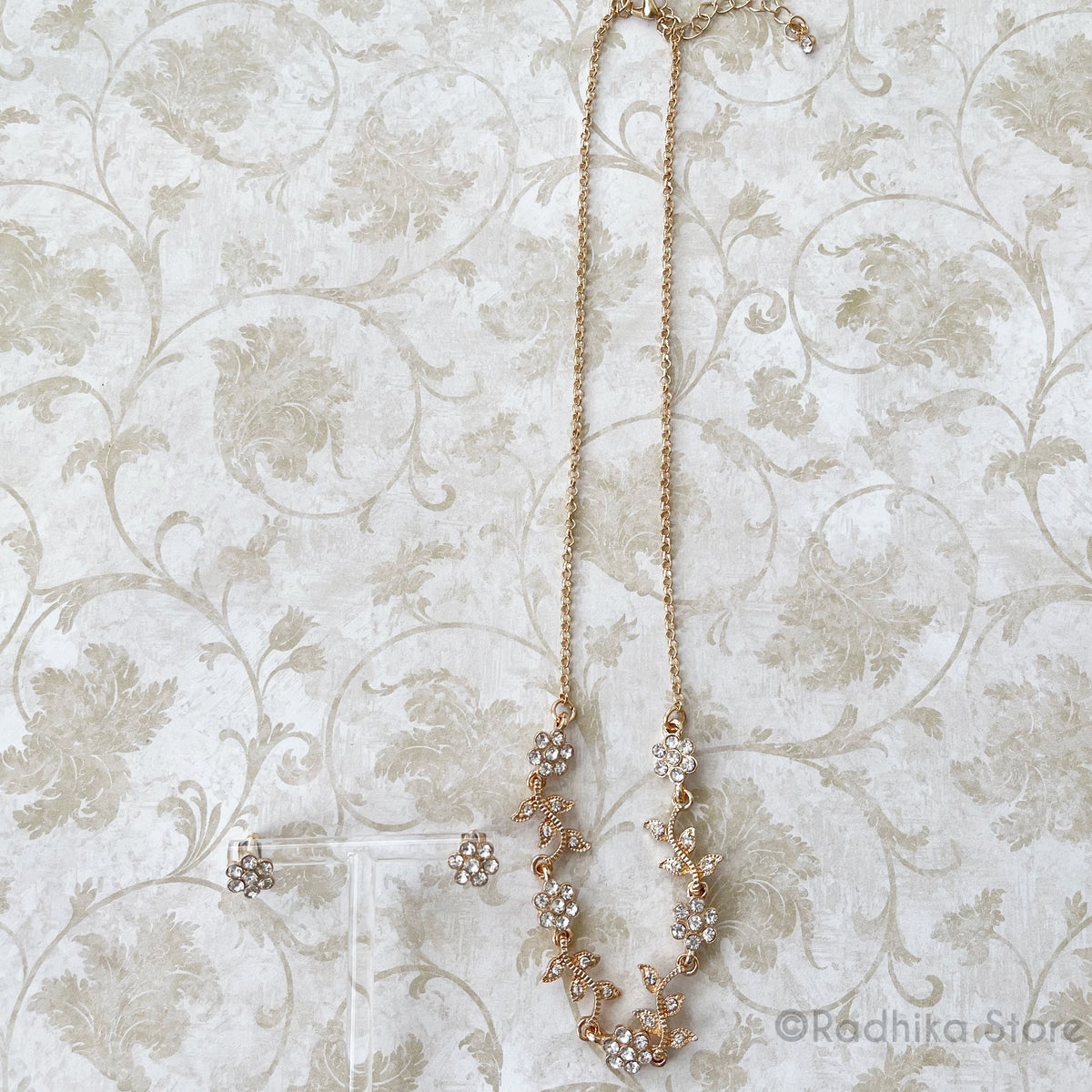 Crystal-Vrindavan Flower Vine- Rhinestone Deity Necklace And Earring Set-6 Inch