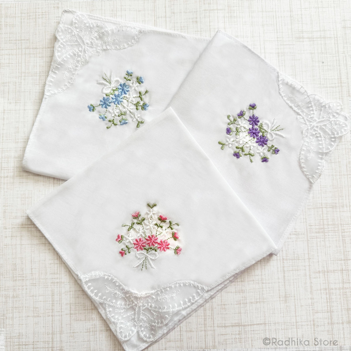 White Lace Butterfly With Embroidery Bouquet -  Deity Napkins- Set Of 3