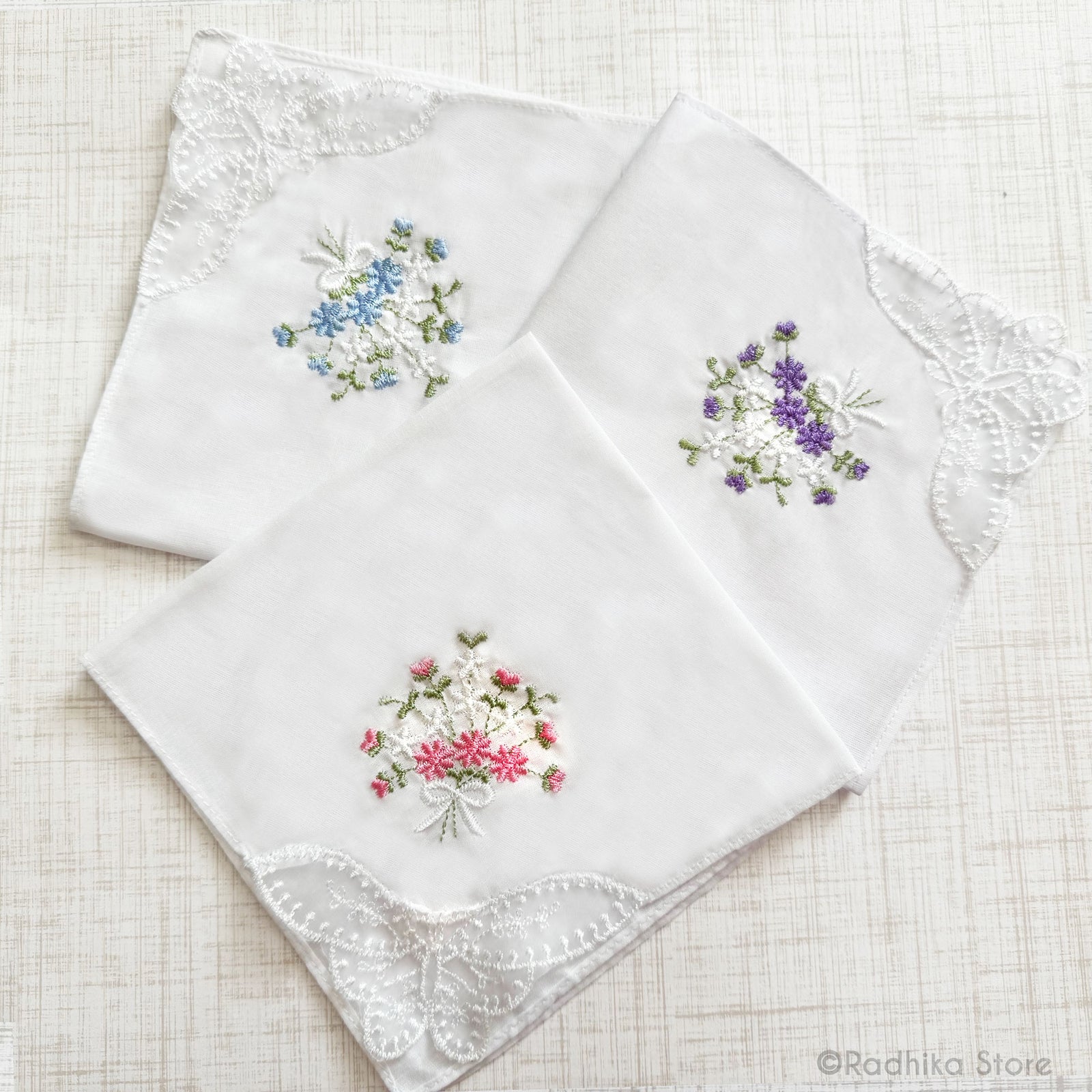 White Lace Butterfly With Embroidery Bouquet -  Deity Napkins- Set Of 3