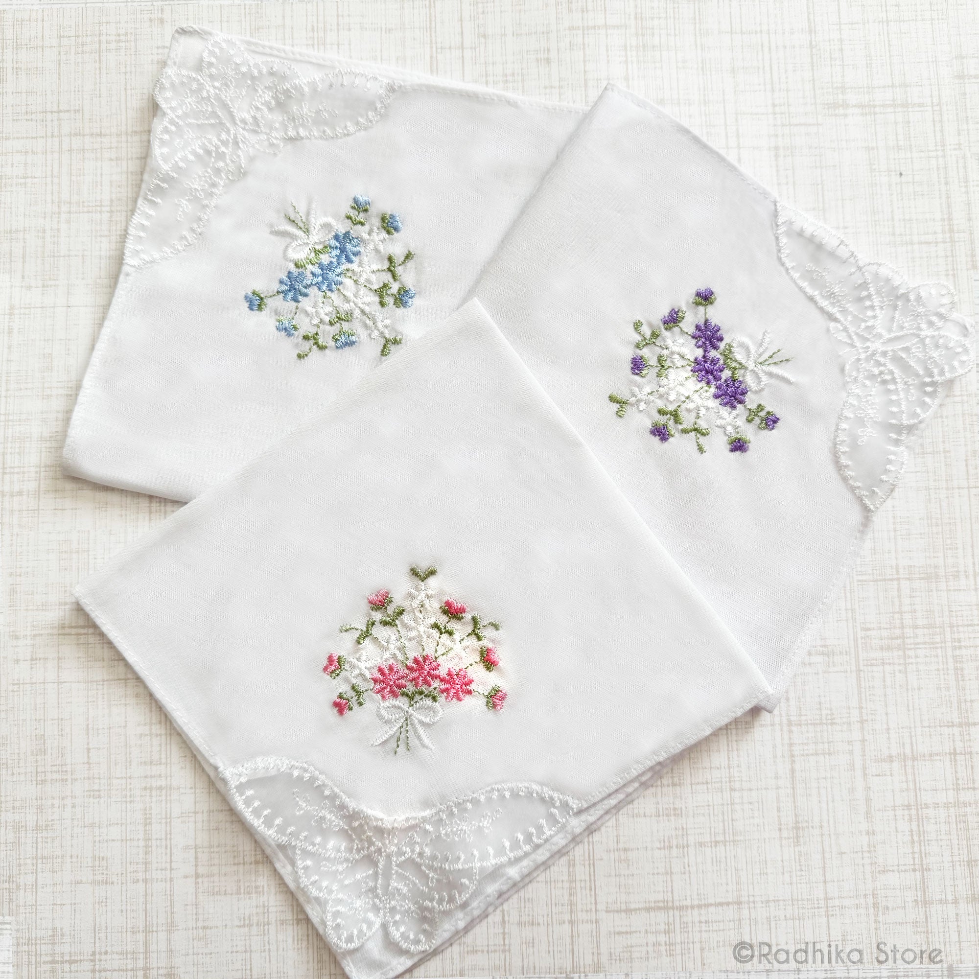 White Lace Butterfly With Embroidery Bouquet -  Deity Napkins- Set Of 3