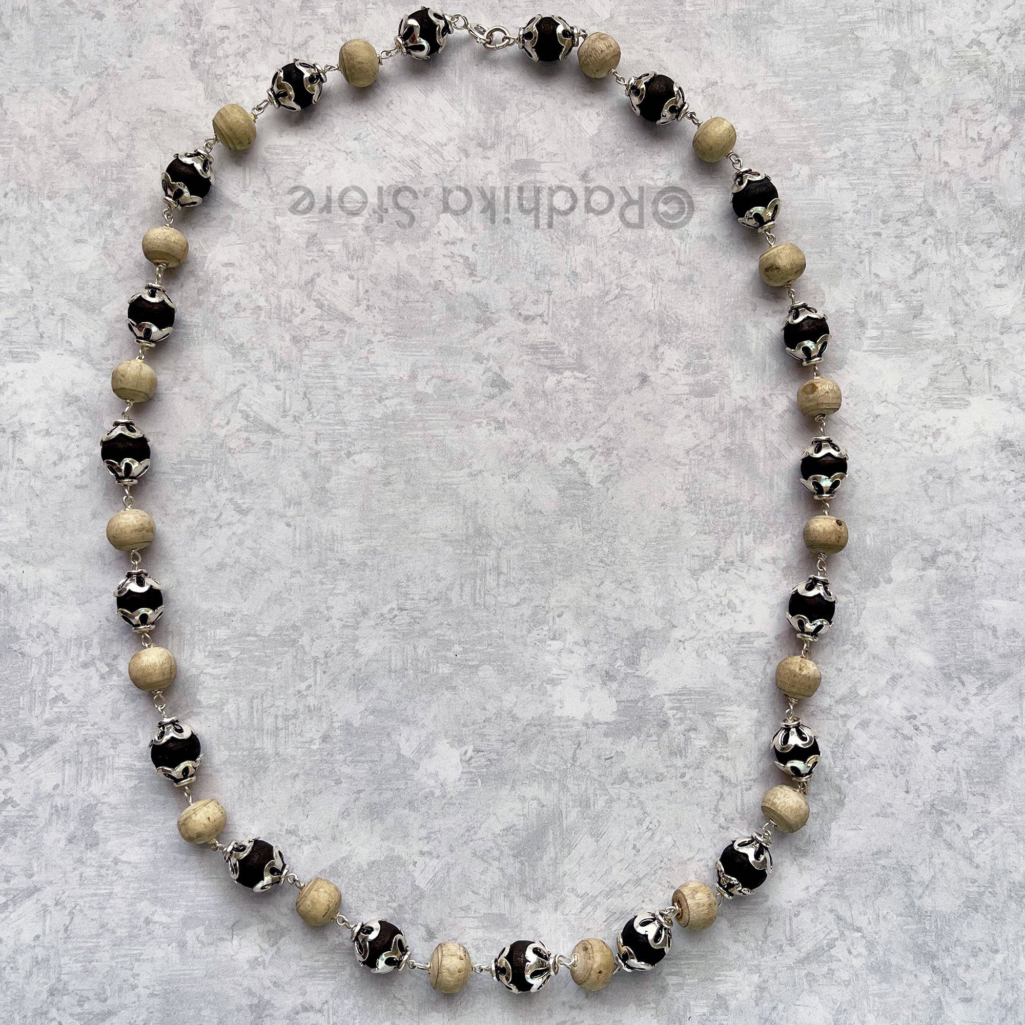 Exclusive Design - 3mm- Black and Natural - Tulsi Silver Necklace 24 Inch