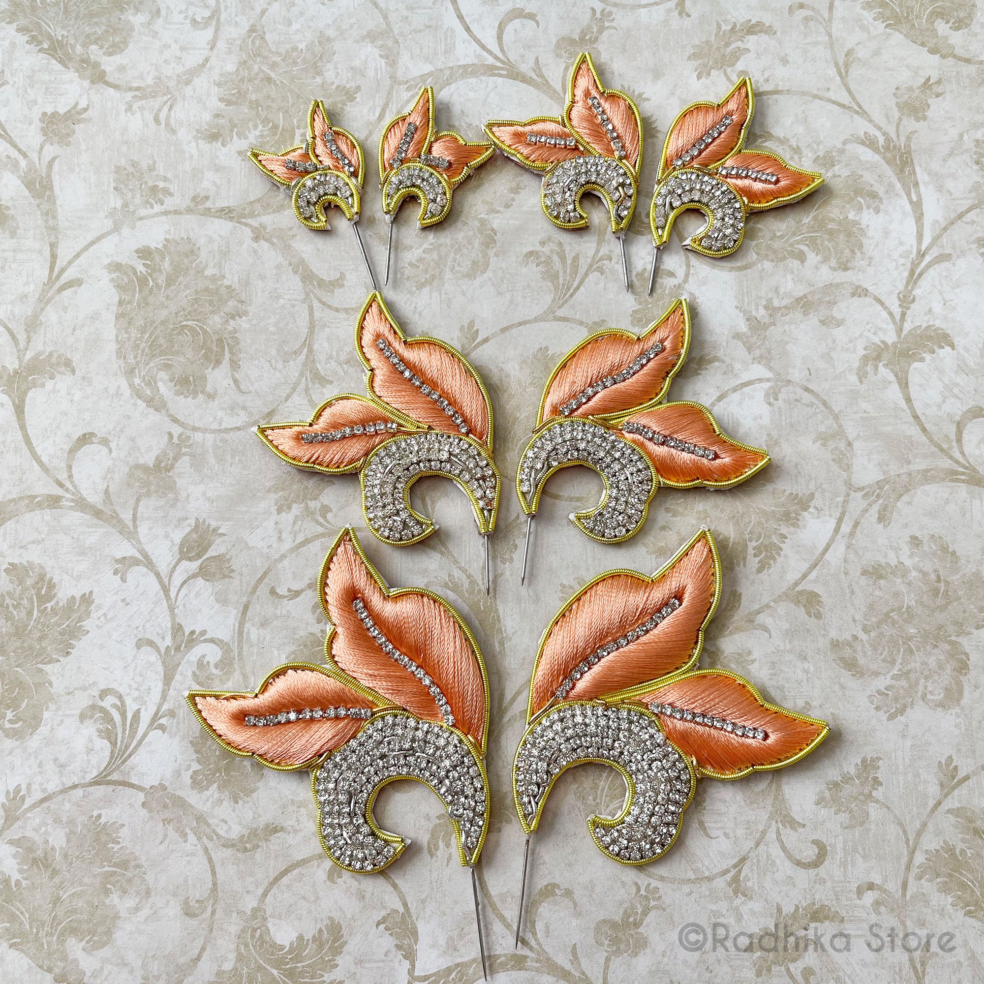 Light Peach with Gold Embroidery Turban Pins - Leaf Curls - Set of 2