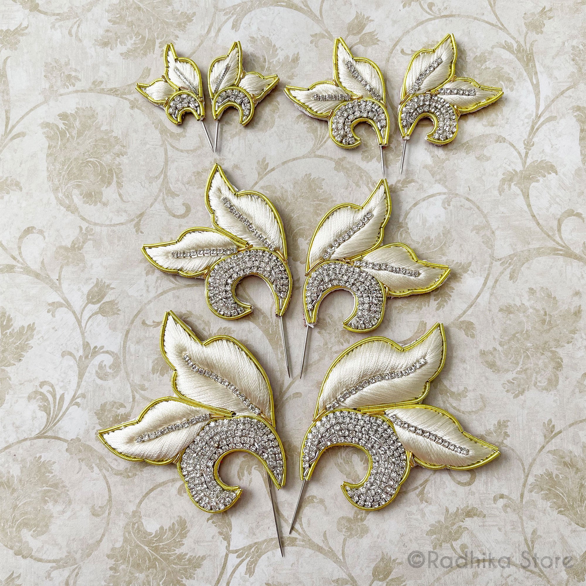 Cream with Gold Embroidery Turban Pins - Leaf Curls - Set of 2