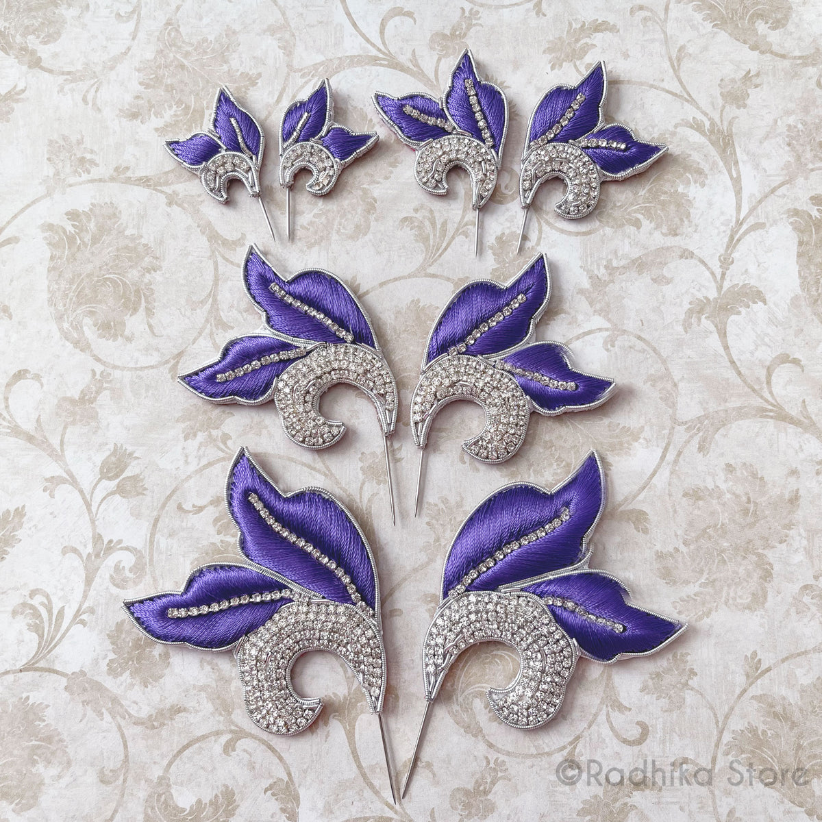 Purple with Silver Embroidery Turban Pins - Leaf Curls - Set of 2