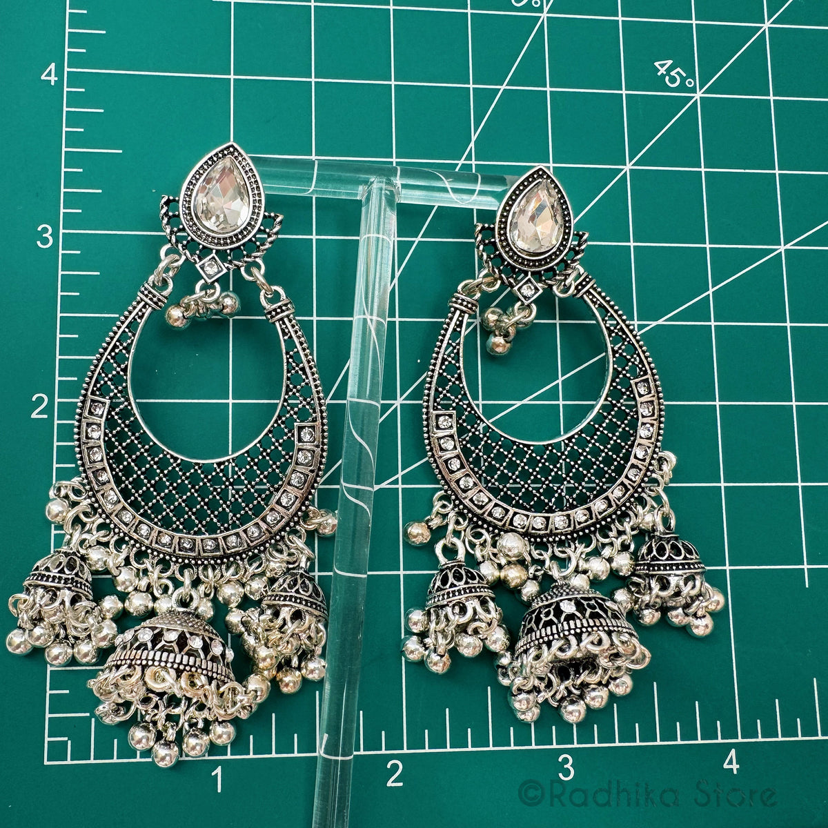 Crystal Teardrop Bells- Silvery Jhumka Earrings