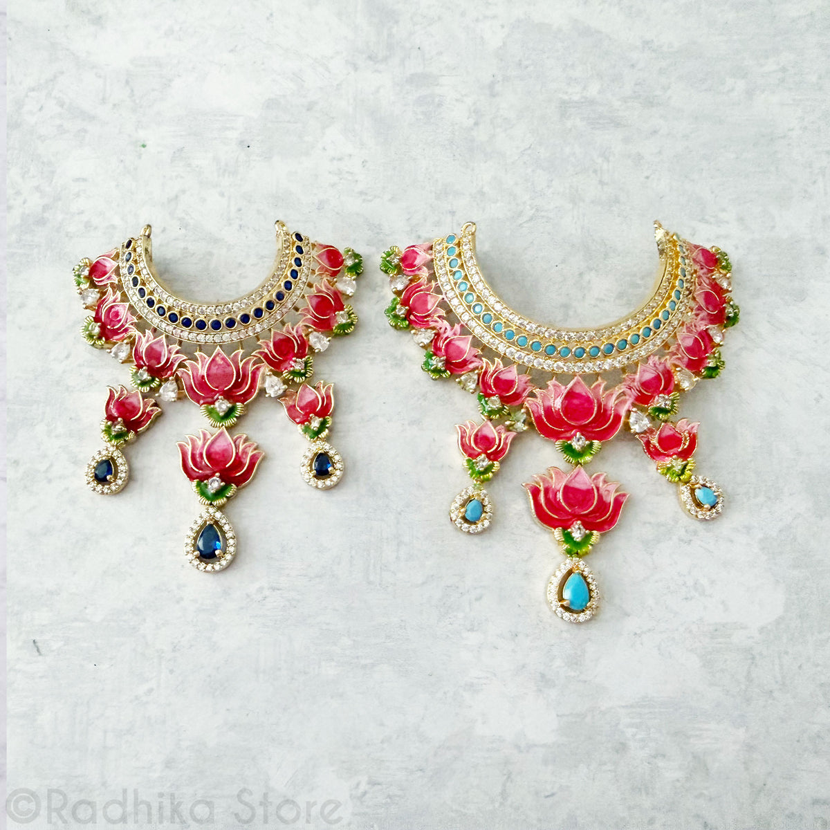 Semi Precious Stones With  CZ Diamonds - Lotus Collar - Deity Necklace