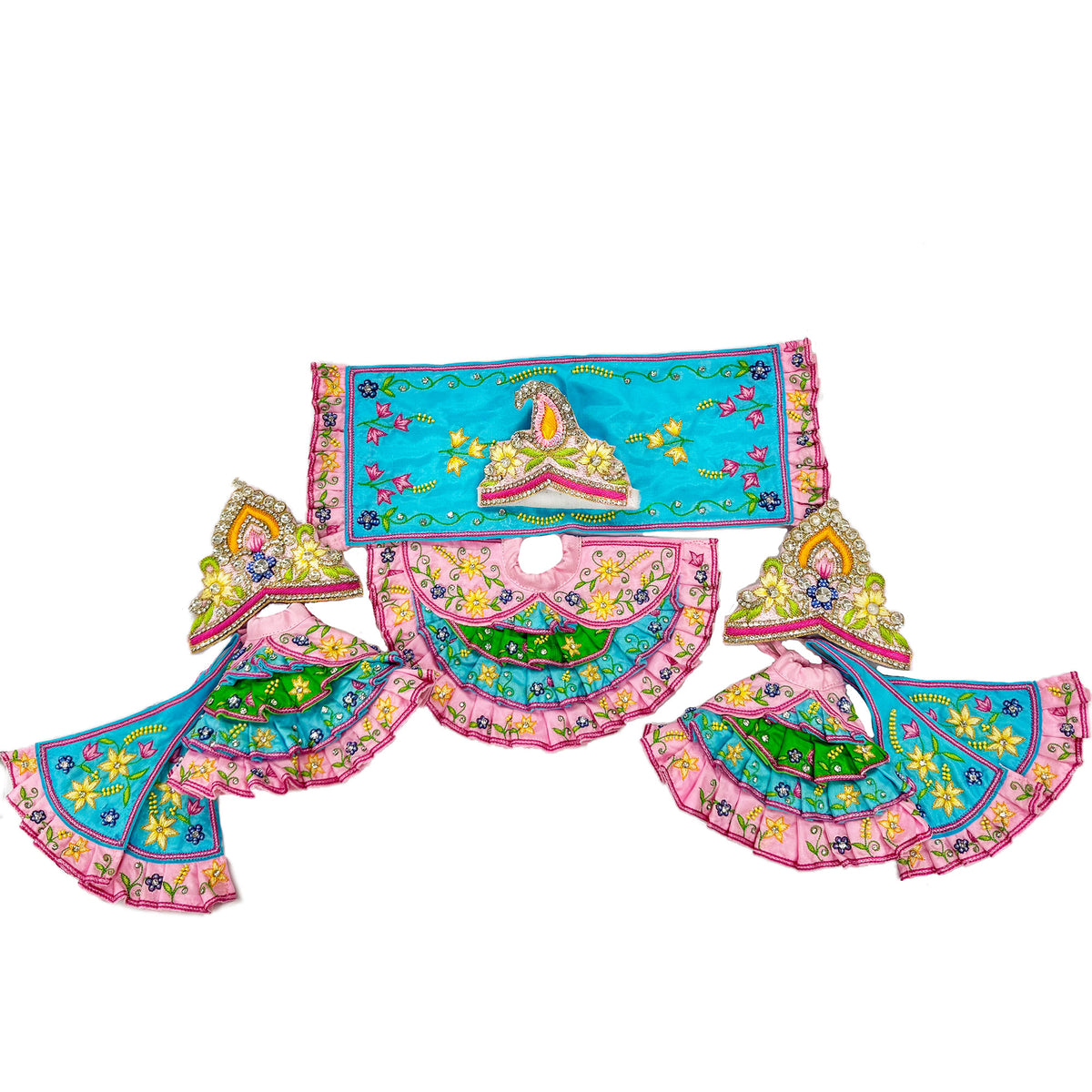 Madhurya Lila - Pink Blue and Green - Silk - Jagannath Baladeva Subhadra Deity Outfit