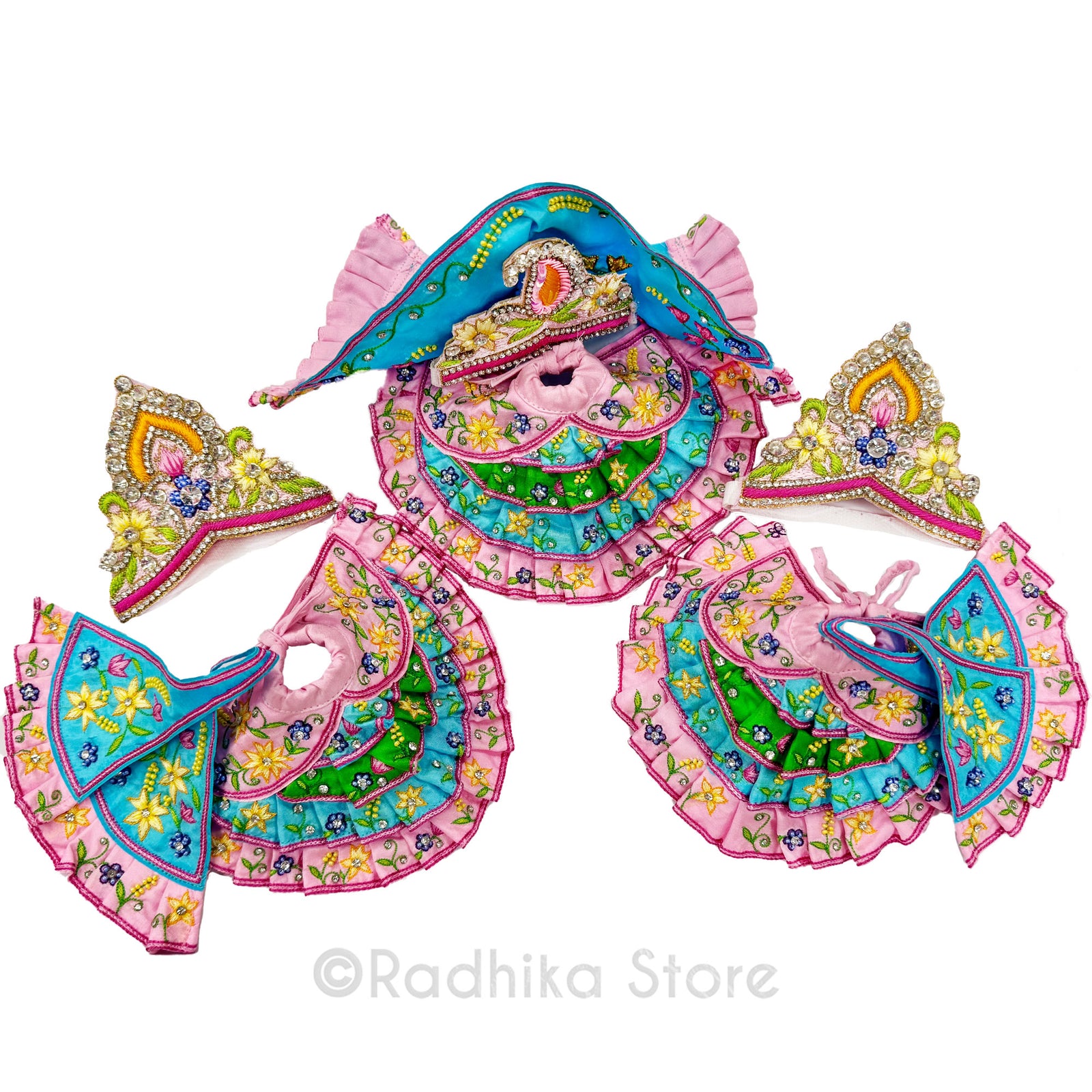 Madhurya Lila - Pink Blue and Green - Silk - Jagannath Baladeva Subhadra Deity Outfit