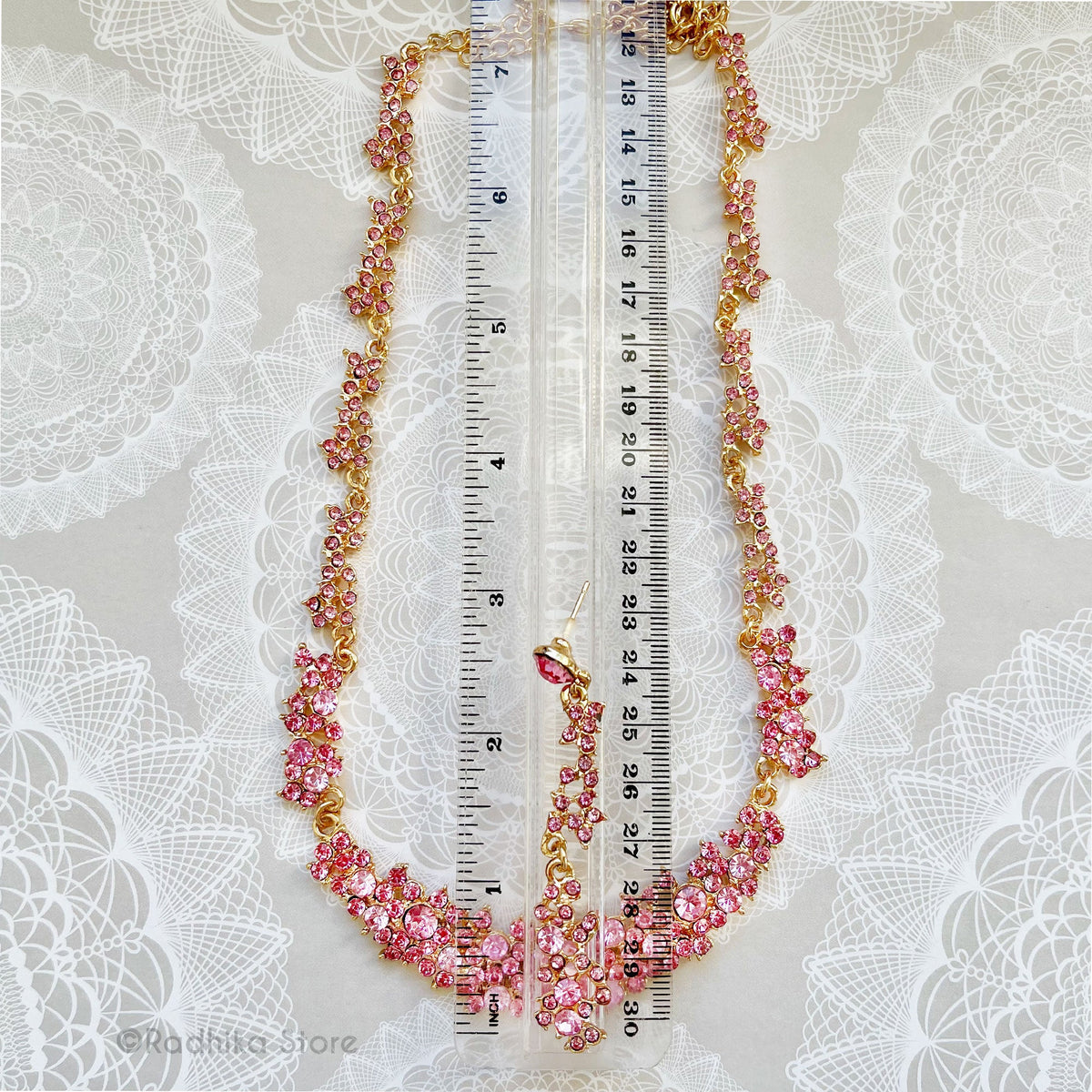 Madhuram - Rhinestone - Deity Necklace And Earring Set- Pink or Light Purple