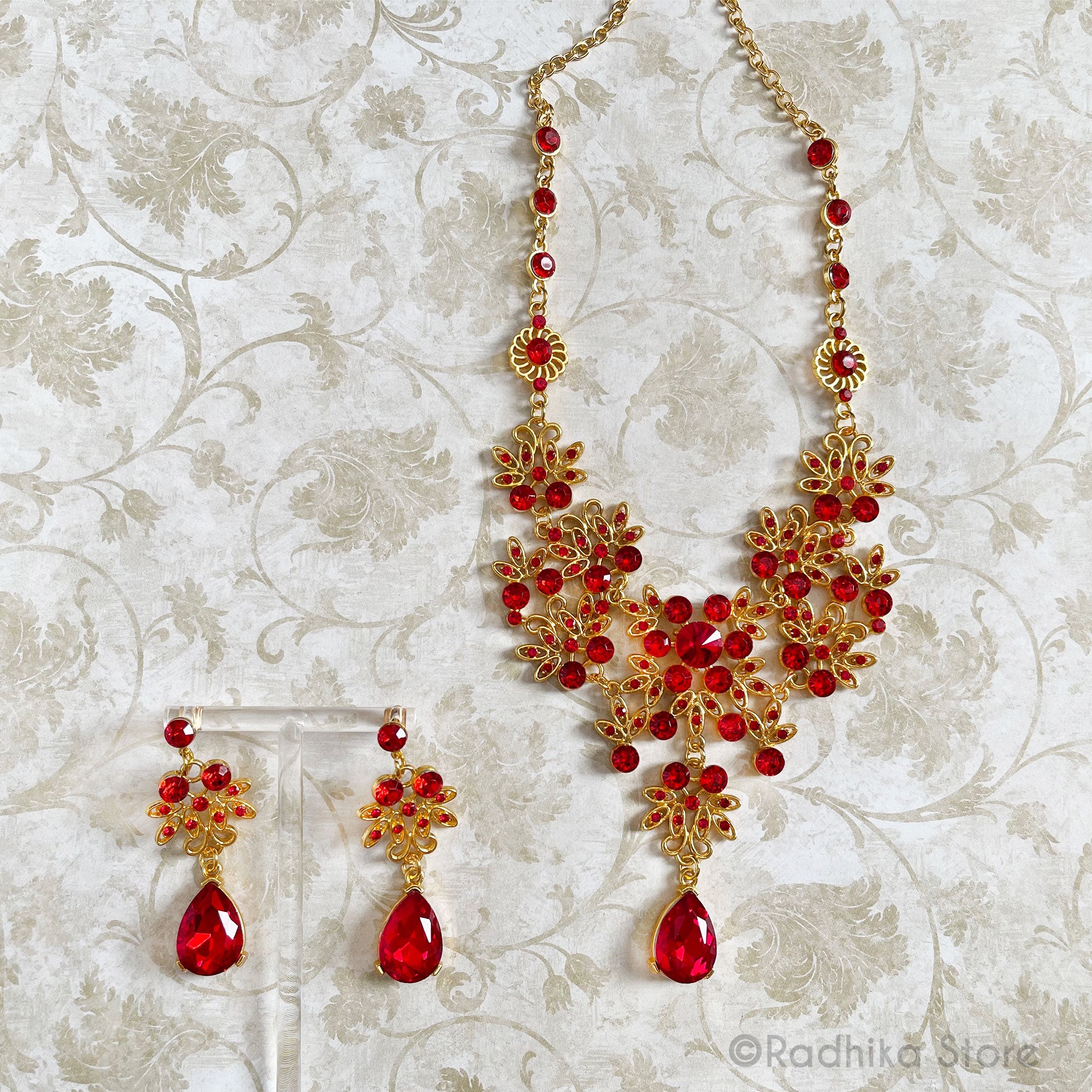 Maha Dew Drops-Rhinestone Deity Necklace And Earring Set