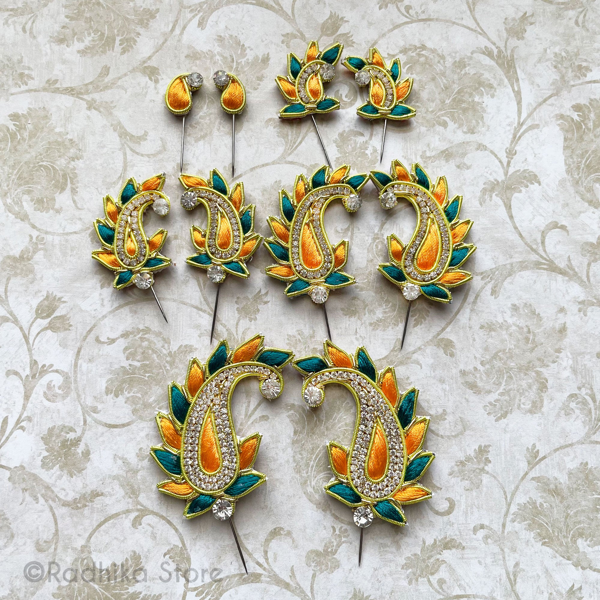 Marigold and Forest Green Embroidery Chandrika - Set of 2 Turban Pins