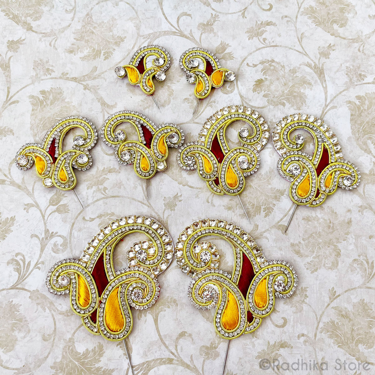 Marigold Maroon with Gold Embroidery Turban Pins - Vrindavan Chandrikas - Set of 2