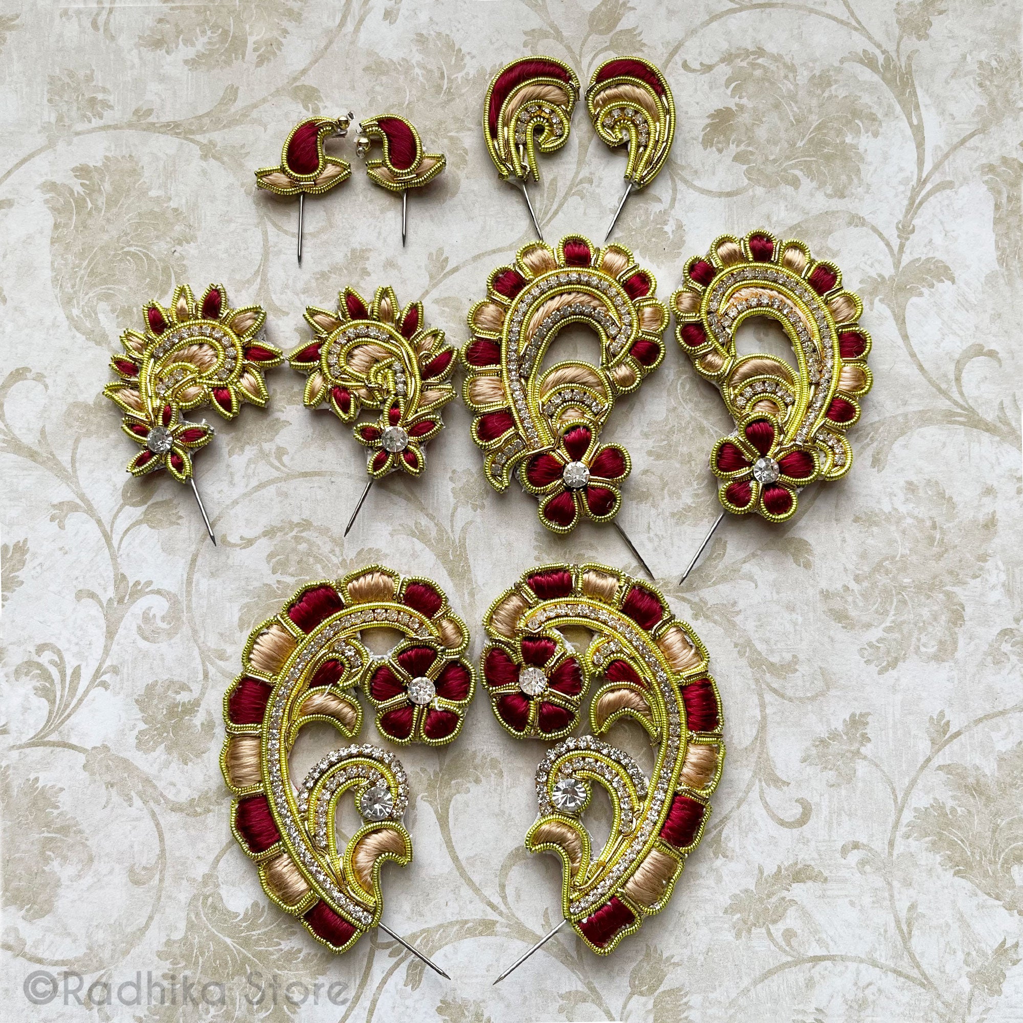 Maroon And Gold Embroidery Chandrika - Set of 2 Turban Pins