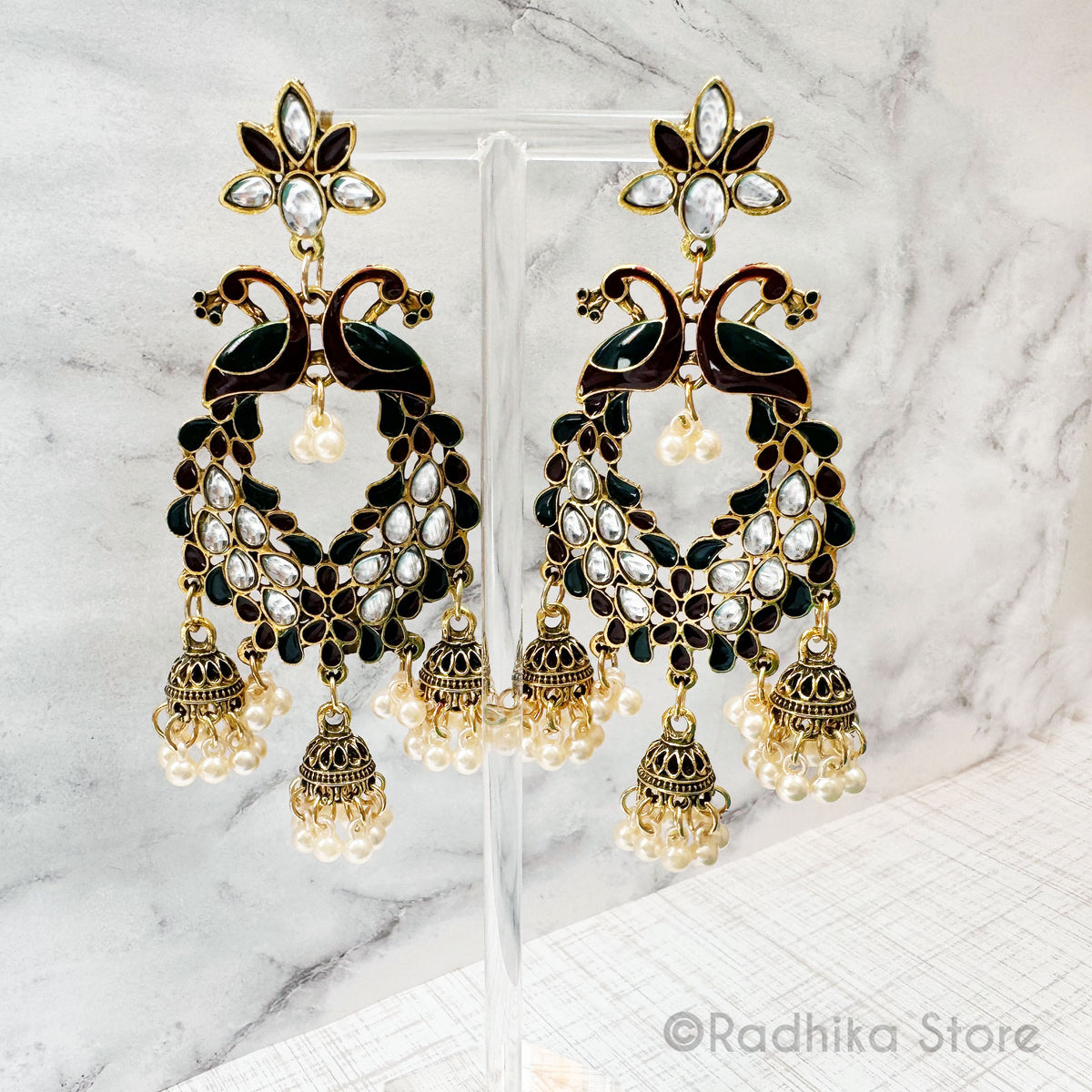 Kundan Dancing Peacock Pearl Bells-  Jhumka Earrings
