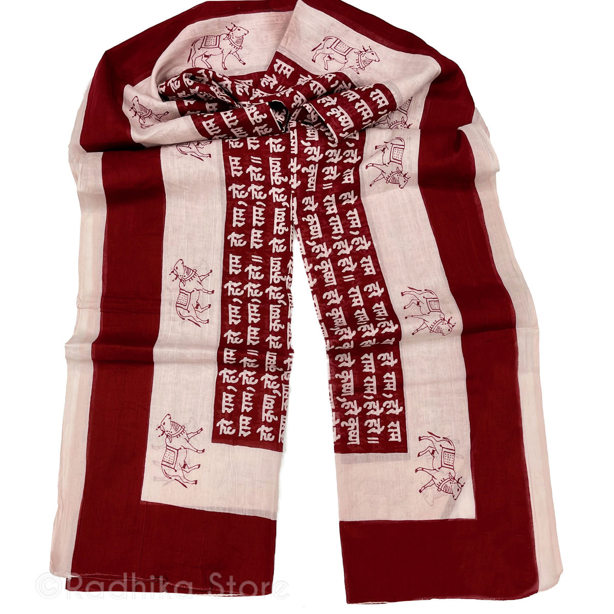 Wide Maroon Stripe -  Maha Mantra Chadar - With Vrindavan Cows