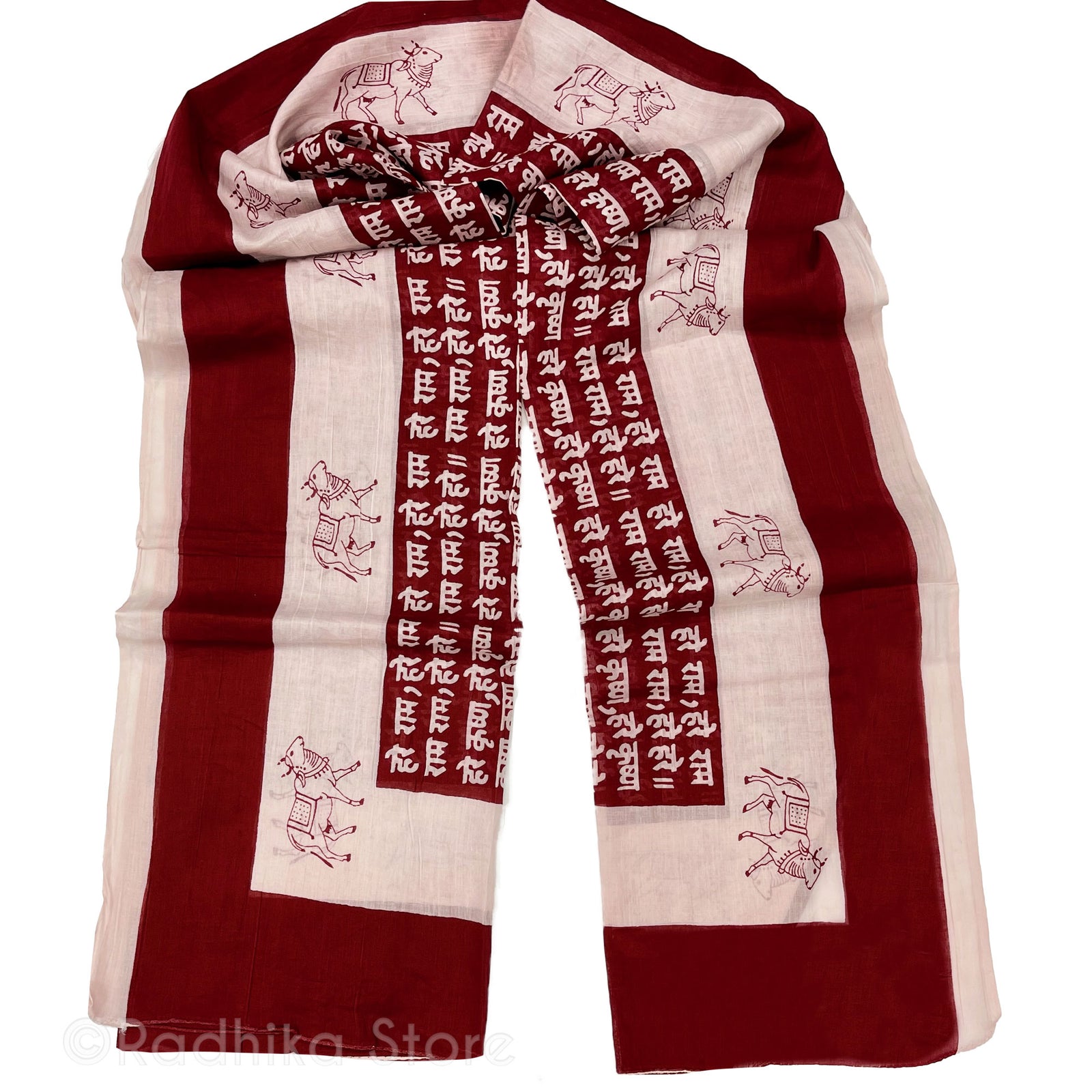 Wide Maroon Stripe -  Maha Mantra Chadar - With Vrindavan Cows