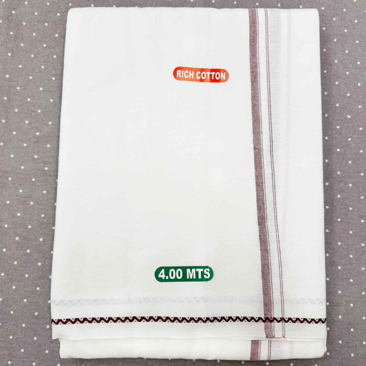 White Cotton Dhoti  - With Maroon Zig Zag Embroidery Bottom Line