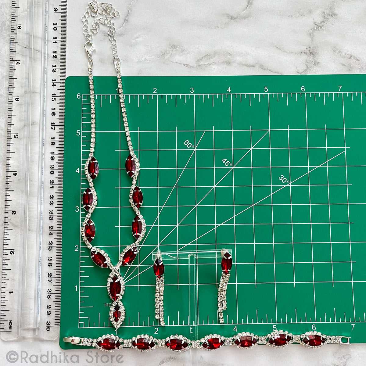 Scalloped Ruby Marquise- Rhinestone Deity Necklace Bangle And Earring Set