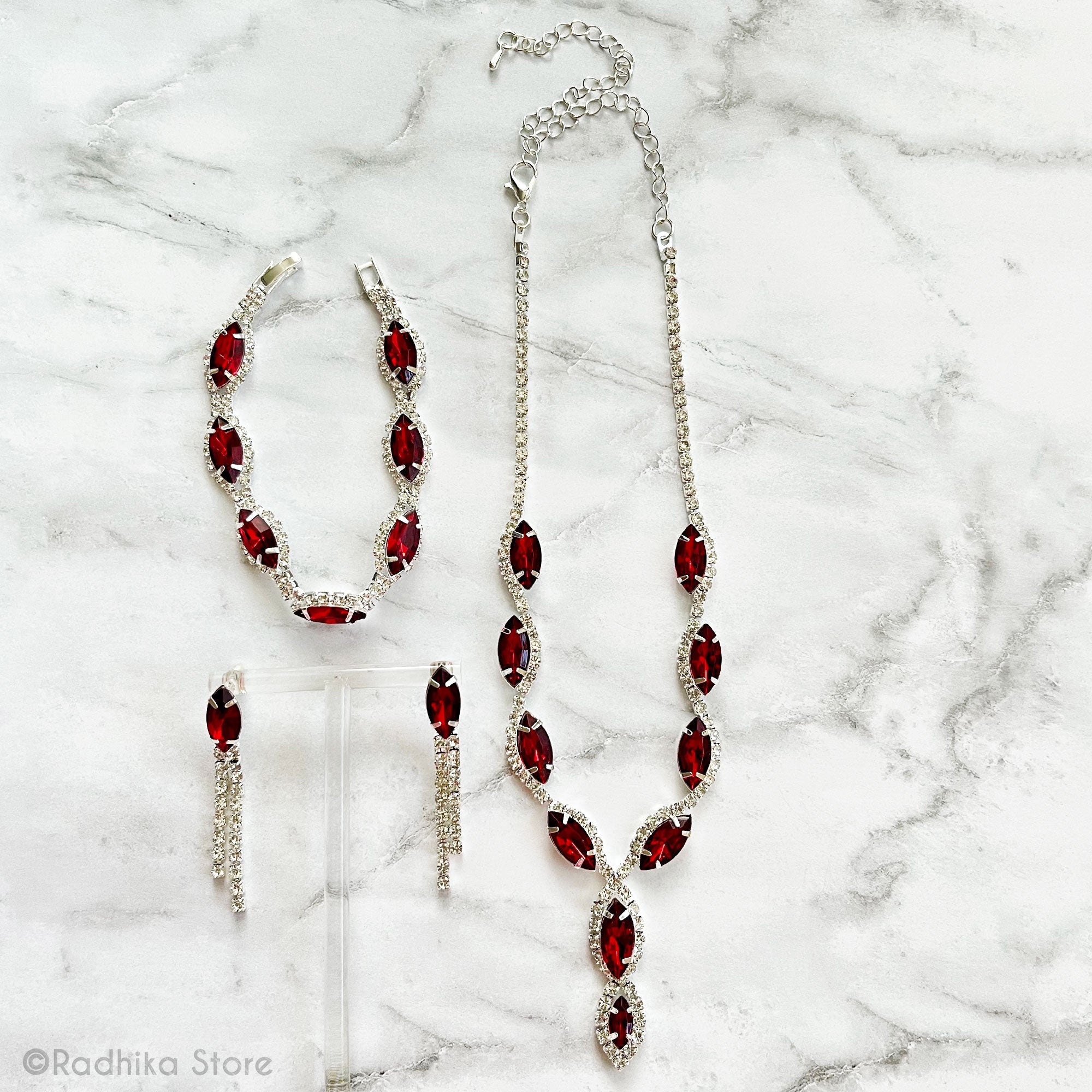 Scalloped Ruby Marquise- Rhinestone Deity Necklace Bangle And Earring Set