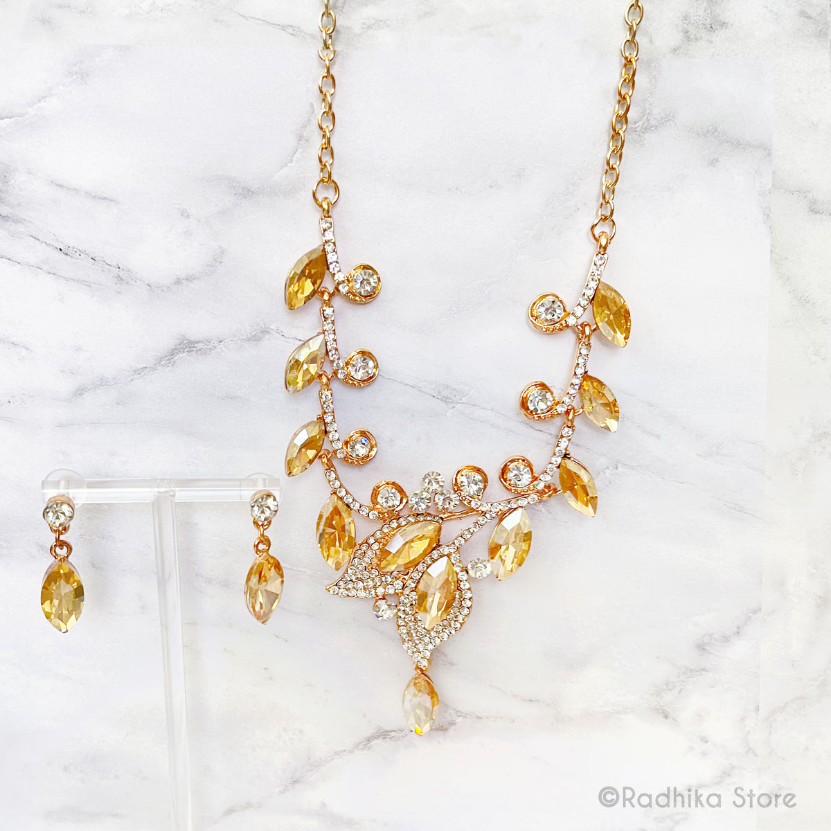 Marquise Flower - Rhinestone Deity Necklace - And Earring Set