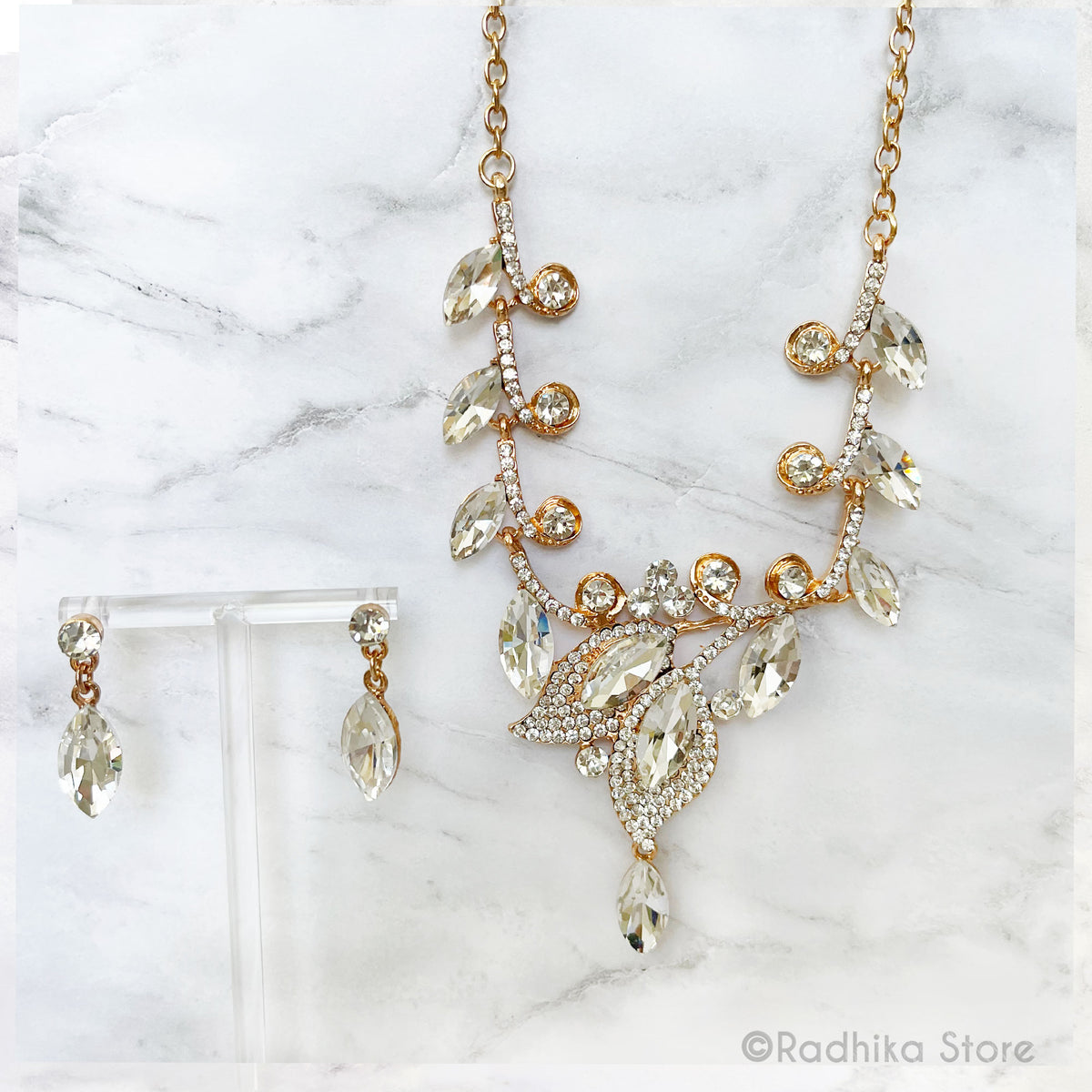 Marquise Flower - Rhinestone Deity Necklace - And Earring Set