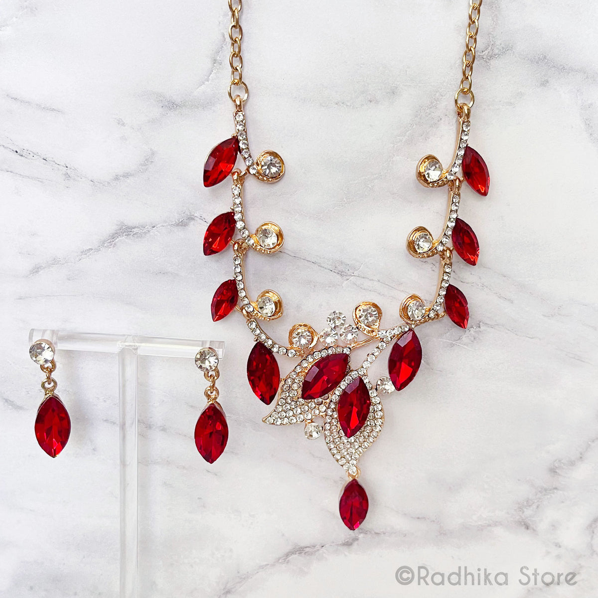 Marquise Flower - Rhinestone Deity Necklace - And Earring Set