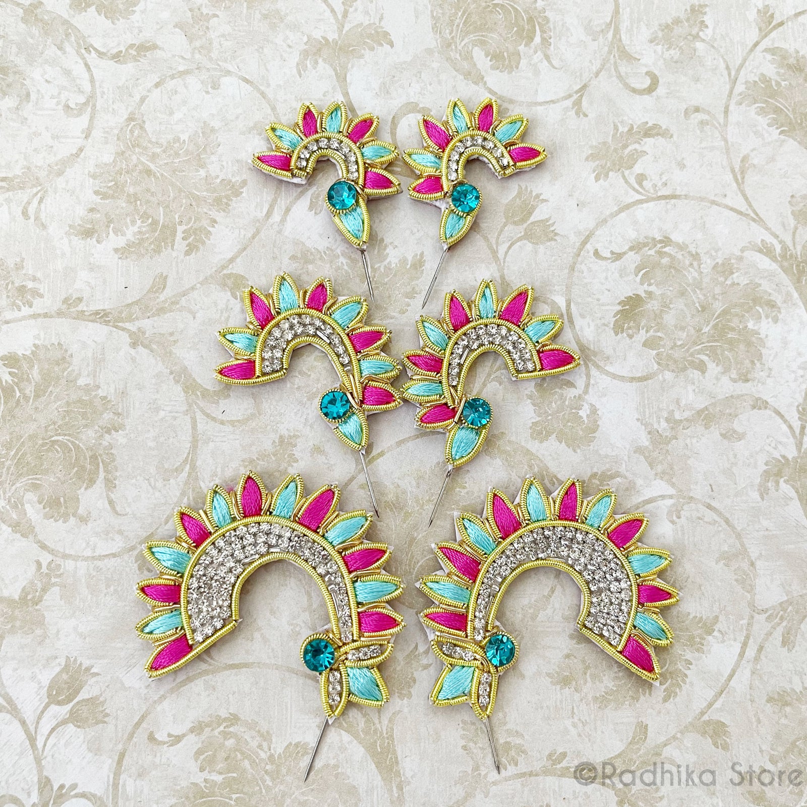Teal Pink with Gold Embroidery Turban Pins - Sun Mayapur Curls - Set of 2
