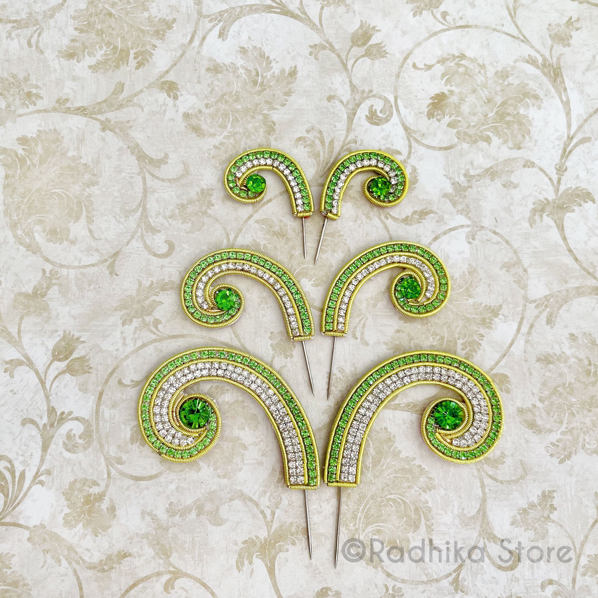 Mayapur Curls - Peridot Green Rhinestone Turban Pins - Set of 2