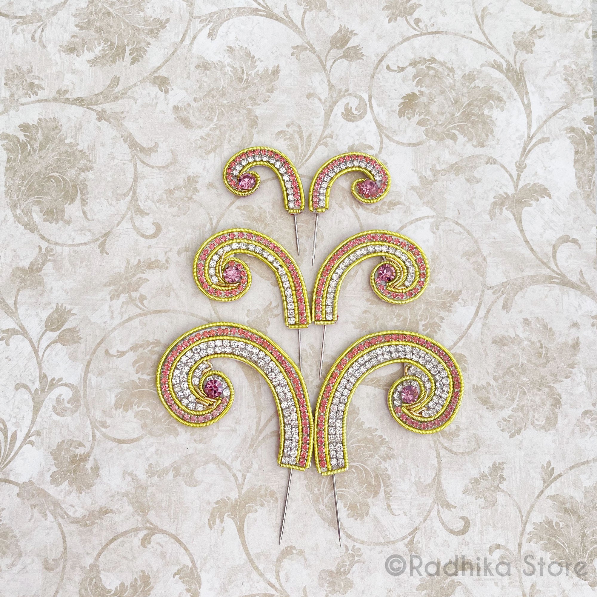 Mayapur Curls - Pink Rhinestone Turban Pins - Set of 2
