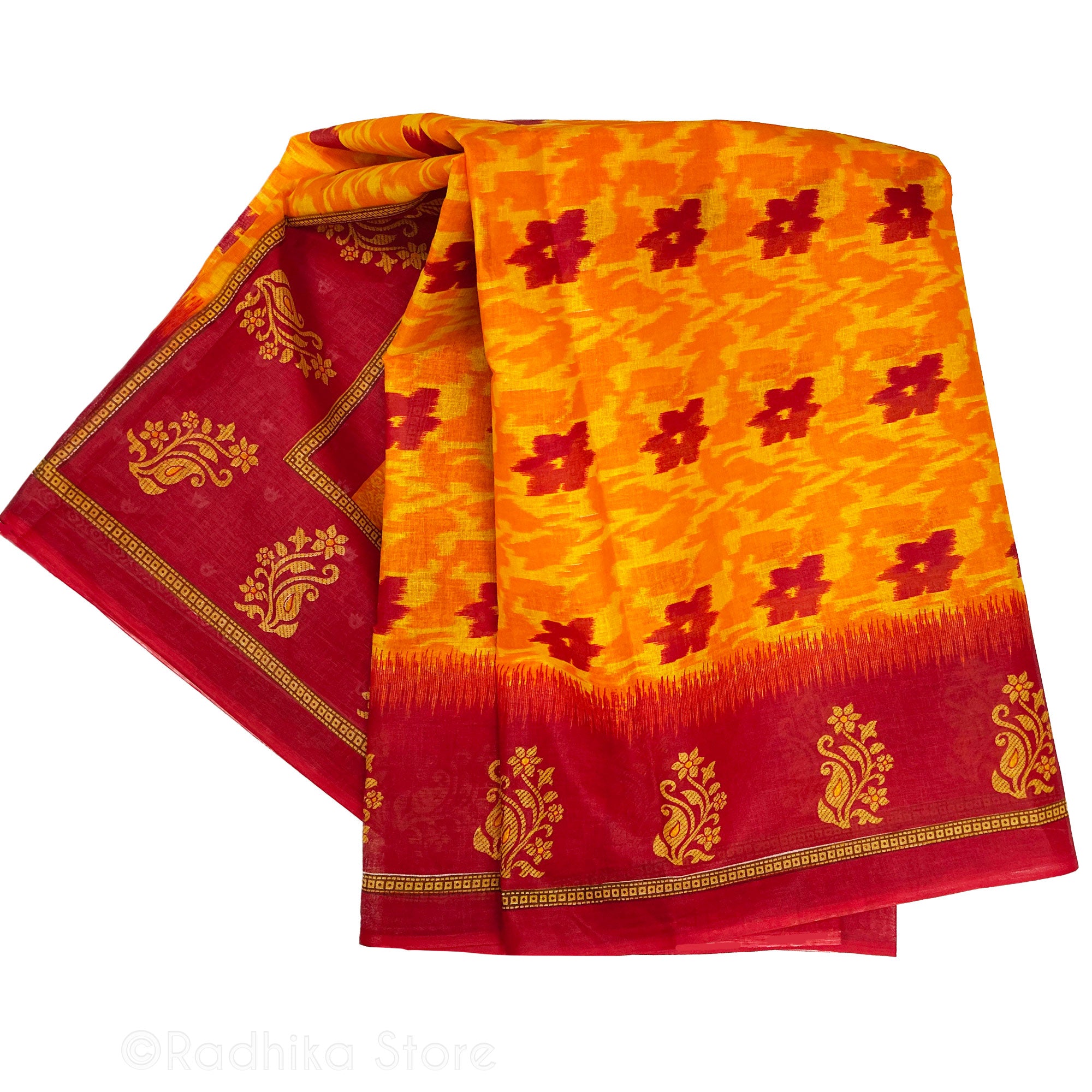 Mayapur Favorite- Printed Cotton Saree - Marigolds and Red Colors