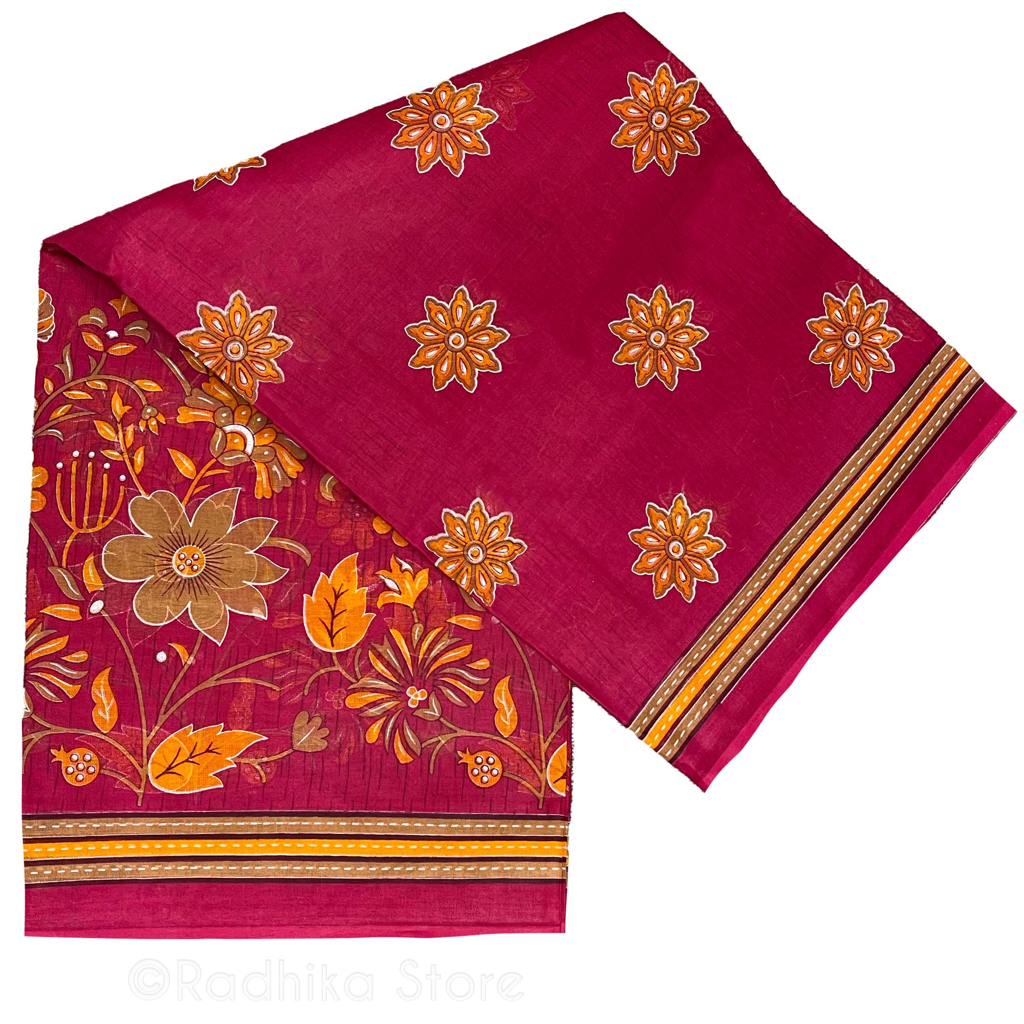 Mayapur Flowers- Printed Cotton Saree - Cranberry and Marigold Colors