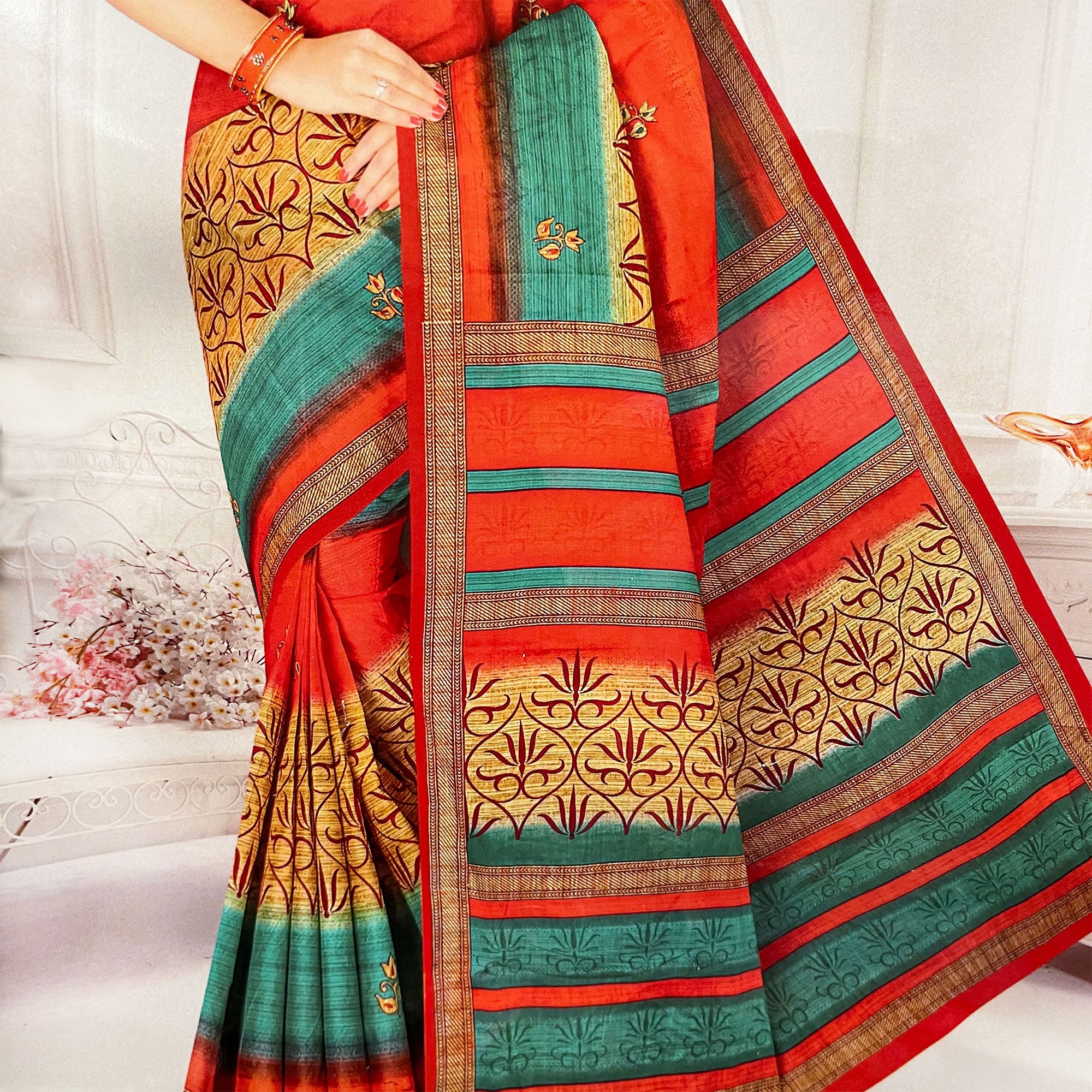 Mayapur Kirtan Fest - Printed Cotton Saree - Teal Green Bright Red With Golden Colors