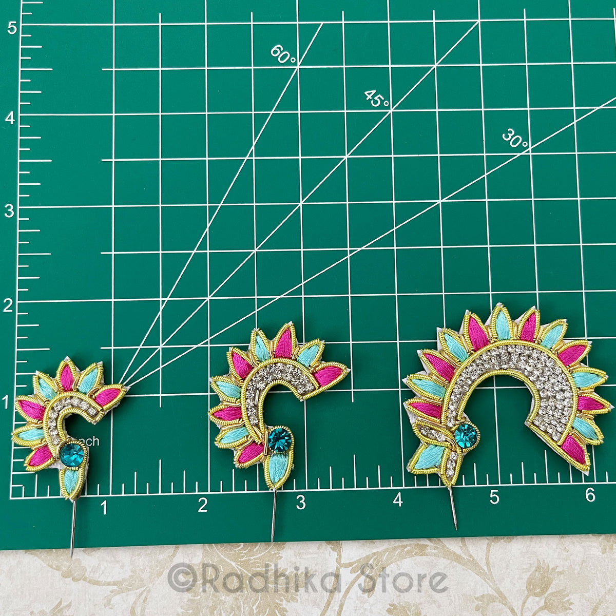 Teal Pink with Gold Embroidery Turban Pins - Sun Mayapur Curls - Set of 2