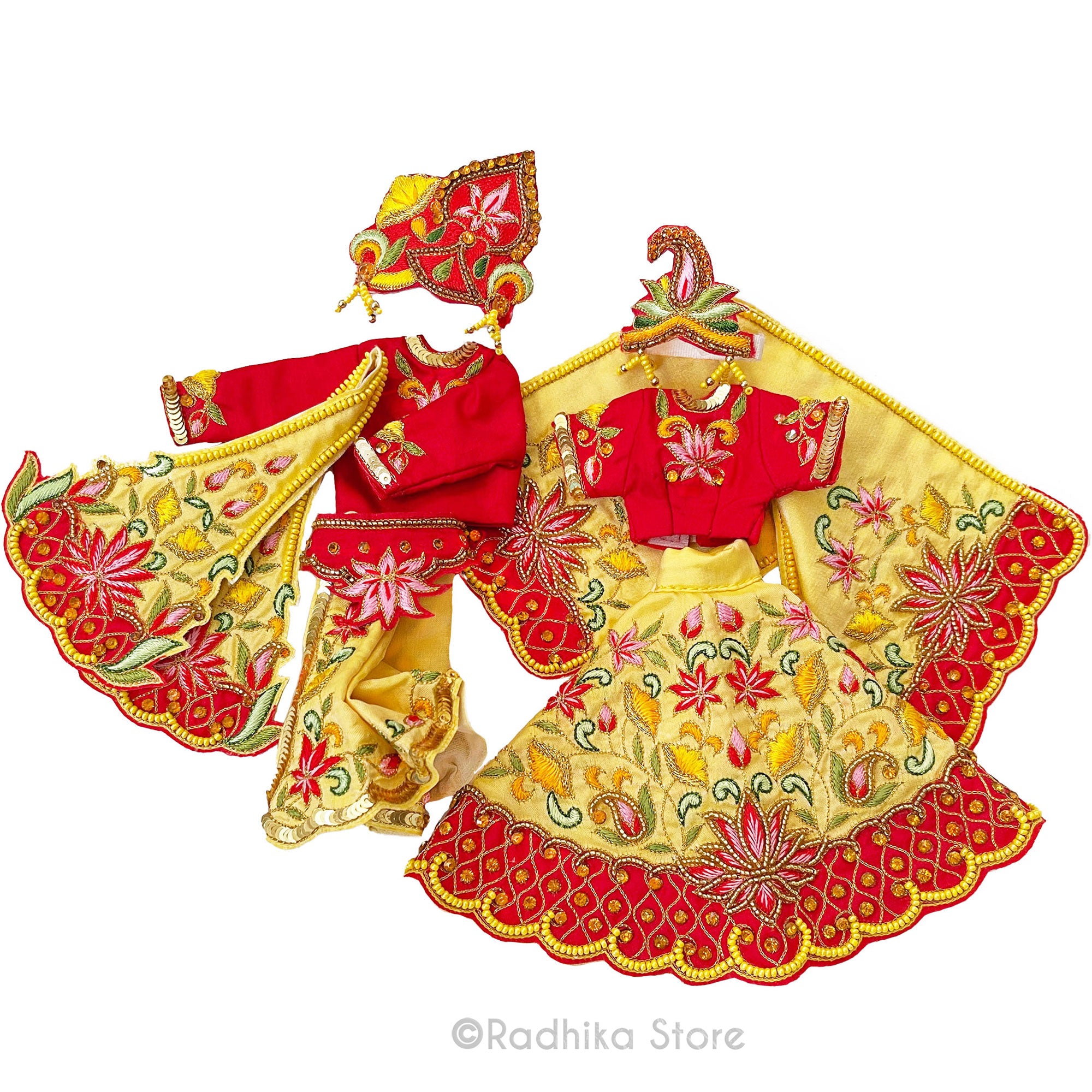 Festival Mayapur Lotus Fountain - Red and Yellow - Silk - Radha Krishna Deity Outfit