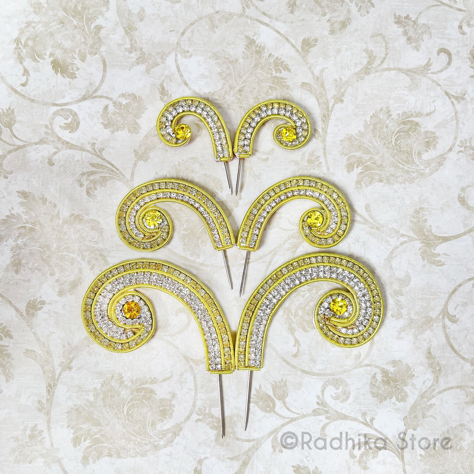 Mayapur Curls - Yellow Rhinestone Turban Pins - Set of 2