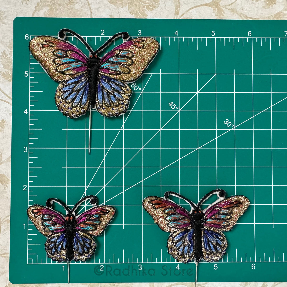 Butterflies - Gold with Fuchsia Blue Teal - Embroidery Turban Pins Set of 2