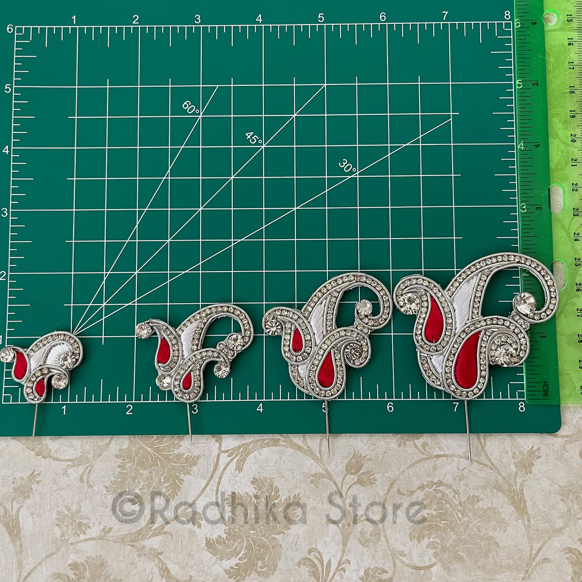 Red with Silver Embroidery Turban Pins - Vrindavan Chandrikas - Set of 2