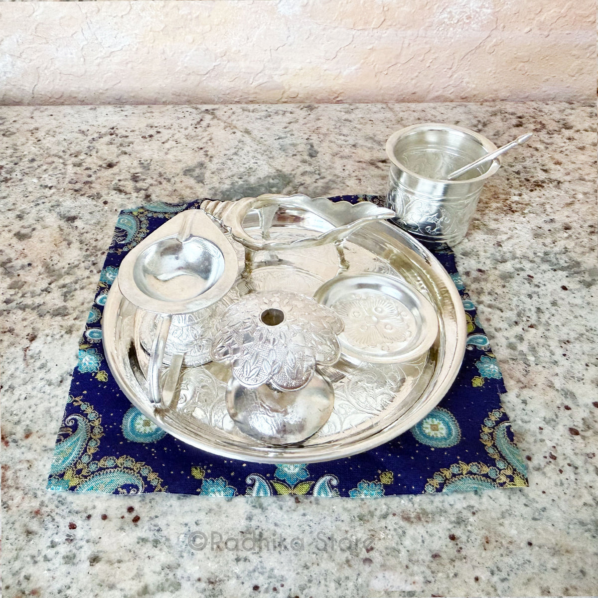 Exquisite Silver Arati Tray Complete Set - 5" Inch Mini Set