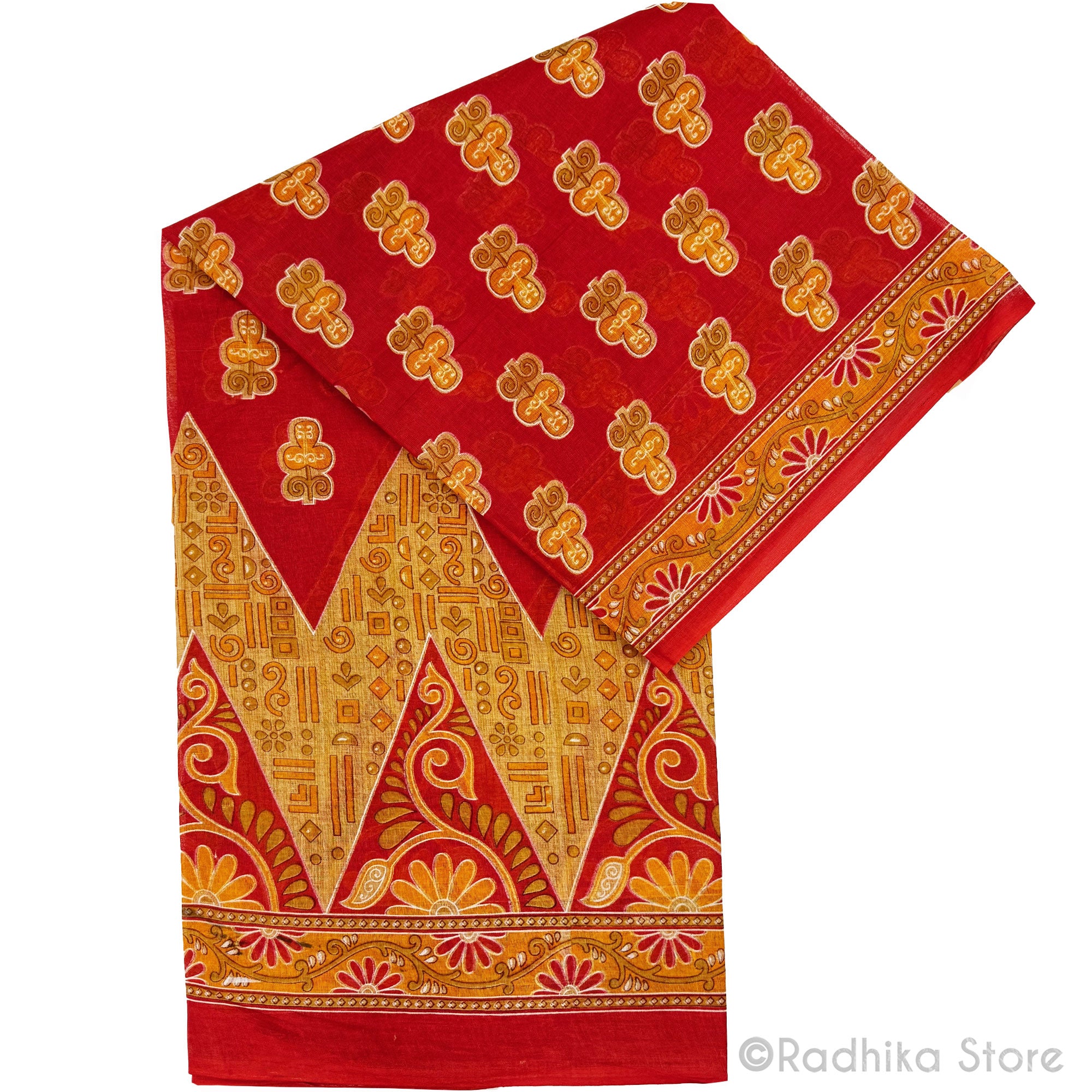 Mosaic Temple  Printed Cotton Saree - Red/Orange- With Marigold Colors
