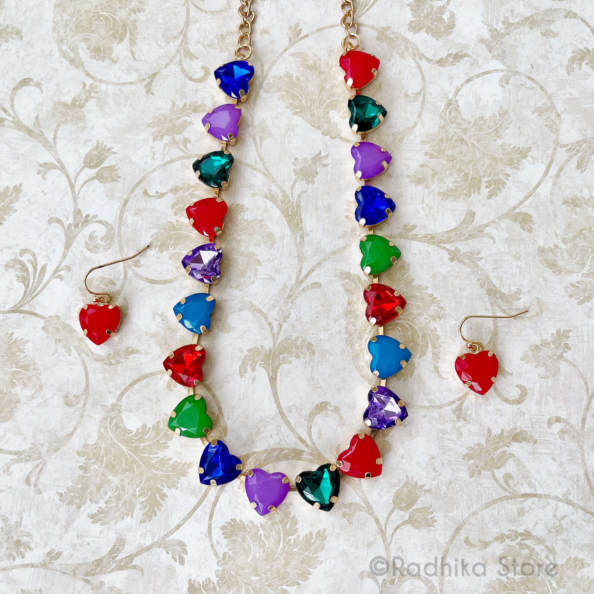For The Love of God-Multi-Colors-Heart Crystal-Rhinestone Deity Necklace - And Earring Set